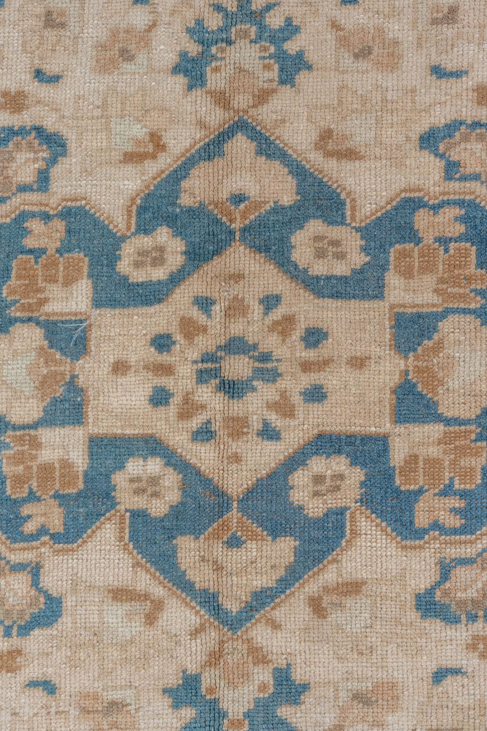 6' x 9' one-of-a-kind handmade vintage Oushak medium size rug. Color palette: ivory, beige, sky blue, taupe, camel