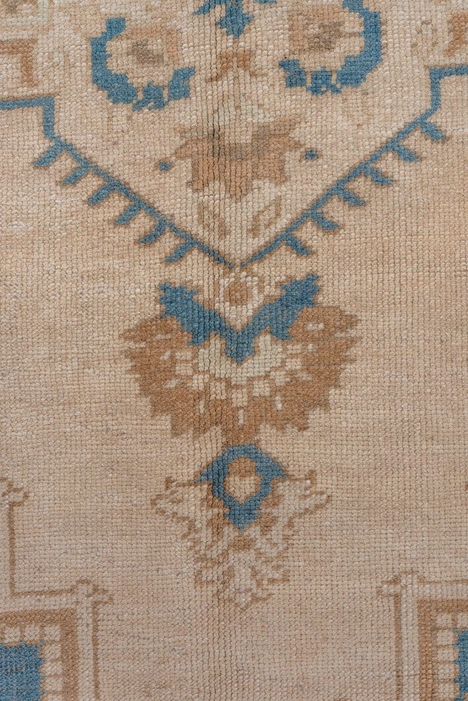 6' x 9' one-of-a-kind handmade vintage Oushak medium size rug. Color palette: ivory, beige, sky blue, taupe, camel