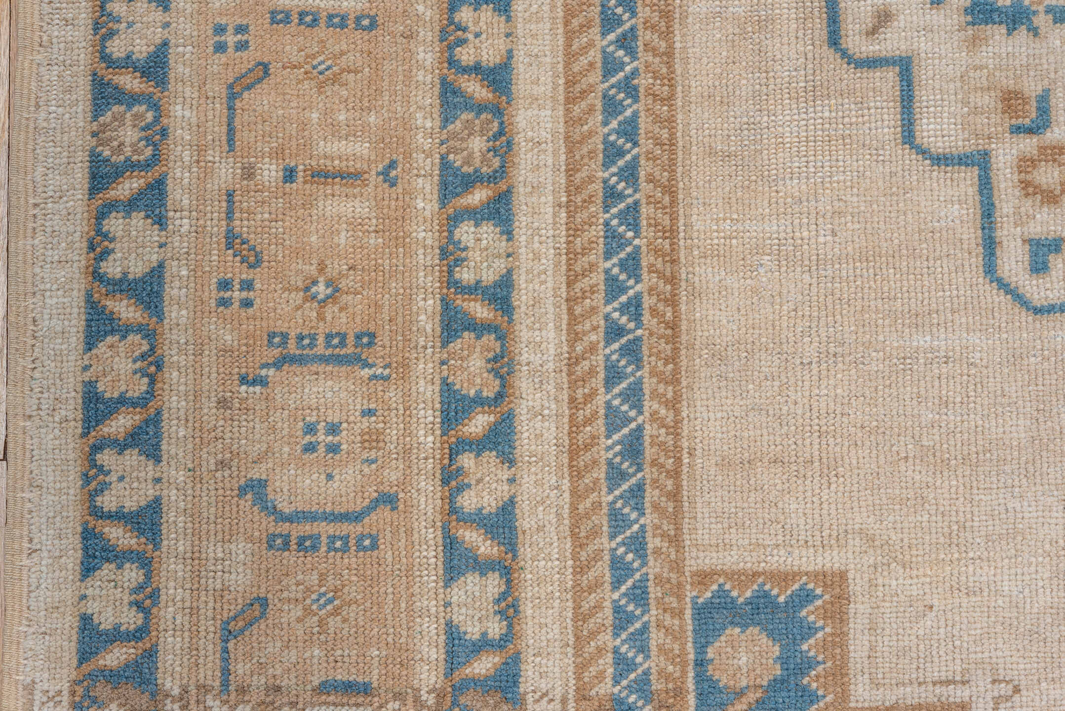6' x 9' one-of-a-kind handmade vintage Oushak medium size rug. Color palette: ivory, beige, sky blue, taupe, camel
