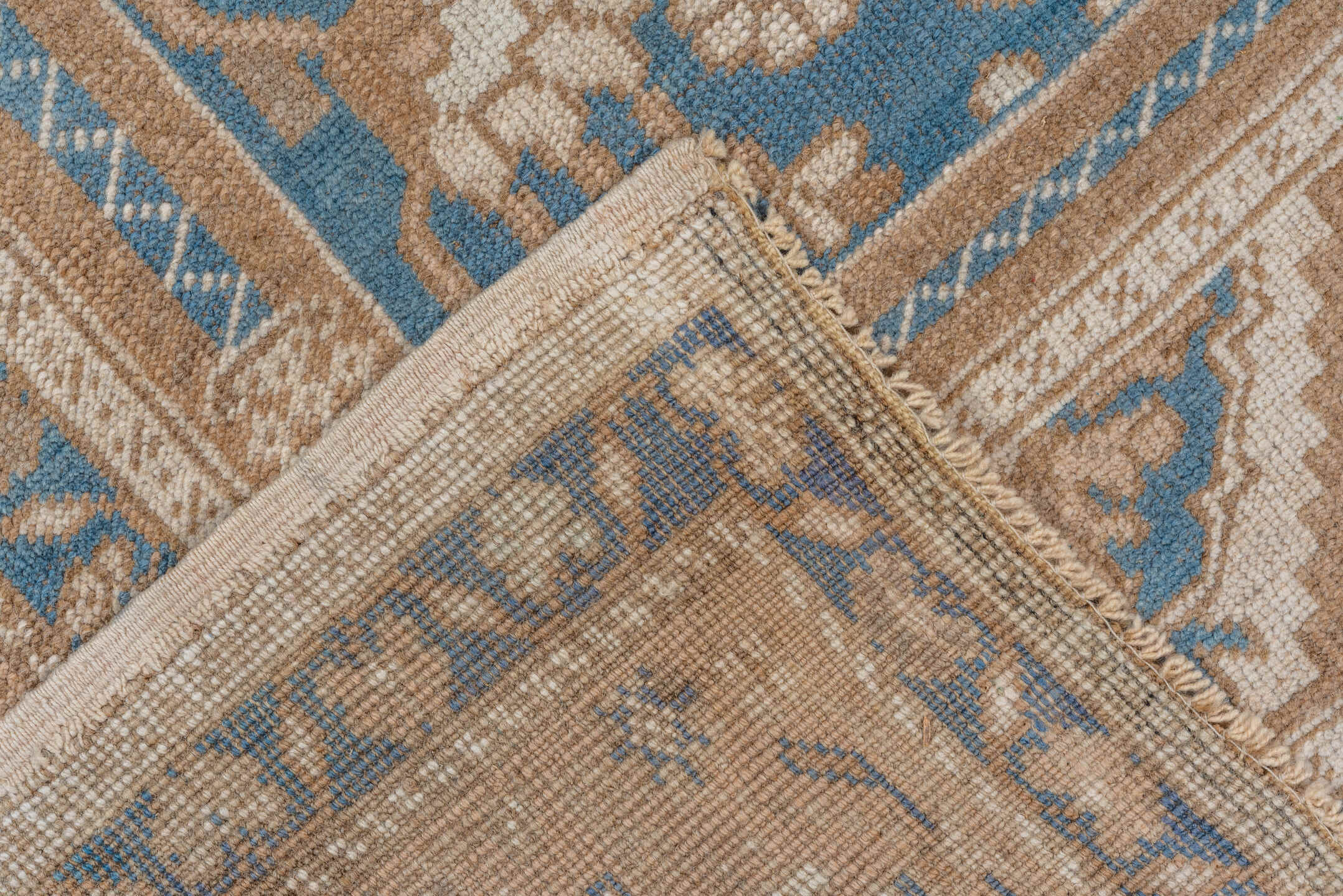 6' x 9' one-of-a-kind handmade vintage Oushak medium size rug. Color palette: ivory, beige, sky blue, taupe, camel