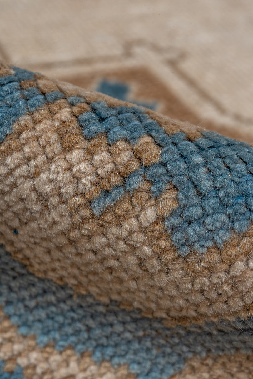 6' x 9' one-of-a-kind handmade vintage Oushak medium size rug. Color palette: ivory, beige, sky blue, taupe, camel