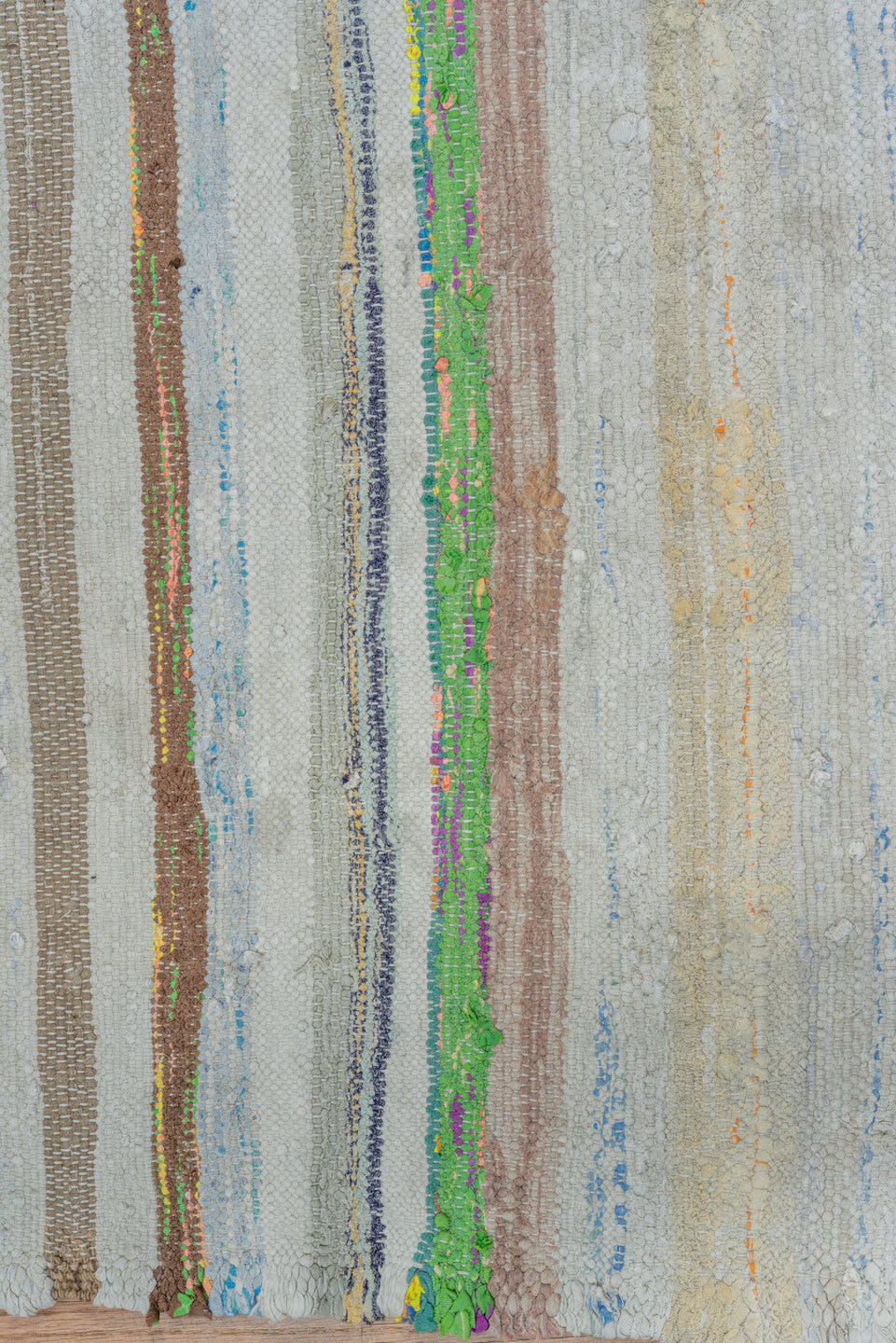 6' x 8' one-of-a-kind handmade antique Rag Rug medium size rug. Color palette: ivory, light blue, taupe, charcoal, saffron