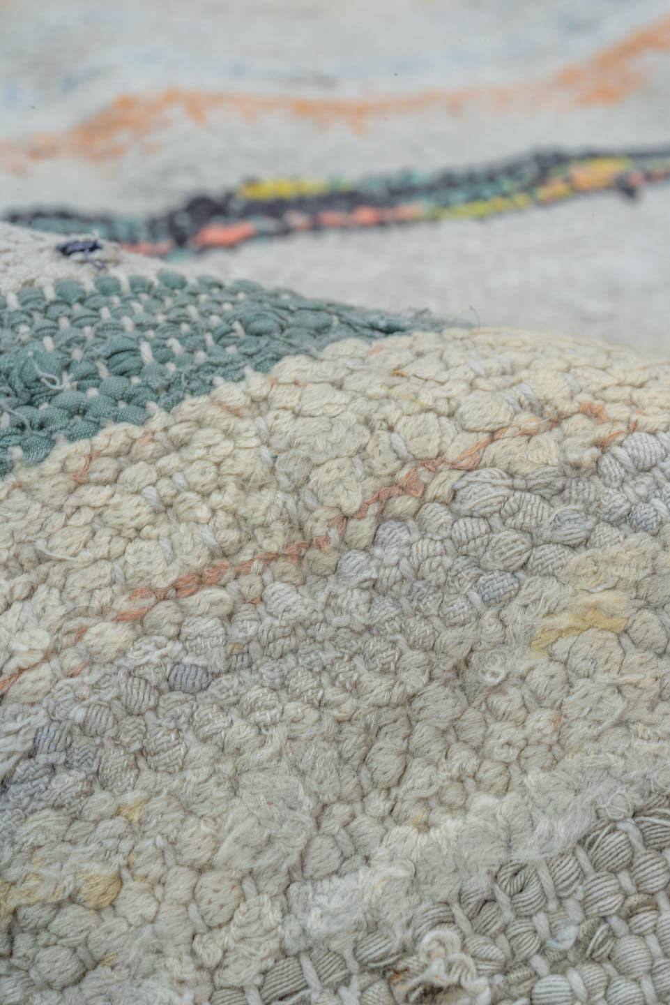 6' x 8' one-of-a-kind handmade antique Rag Rug medium size rug. Color palette: ivory, light blue, taupe, charcoal, saffron