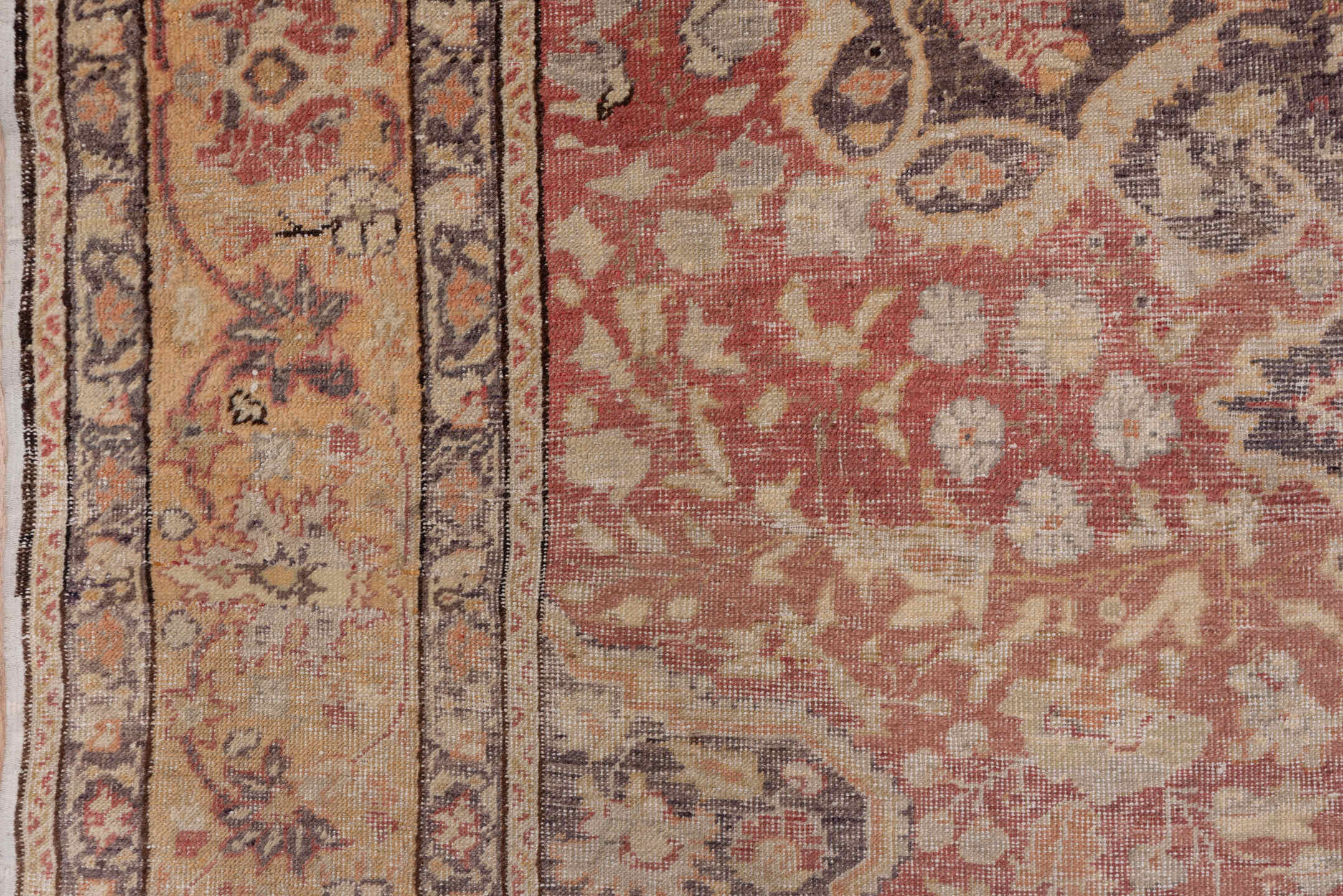 5' x 7' one-of-a-kind handmade vintage Oushak rug. Color palette: brown, gray, light gray, off-white, orange, pink, red