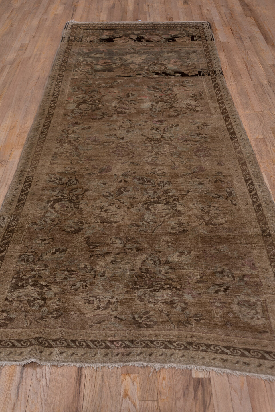 9' x 12' one-of-a-kind handmade vintage Agra large size rug. Color palette: taupe, brown, rose, dusty pink, beige, sage