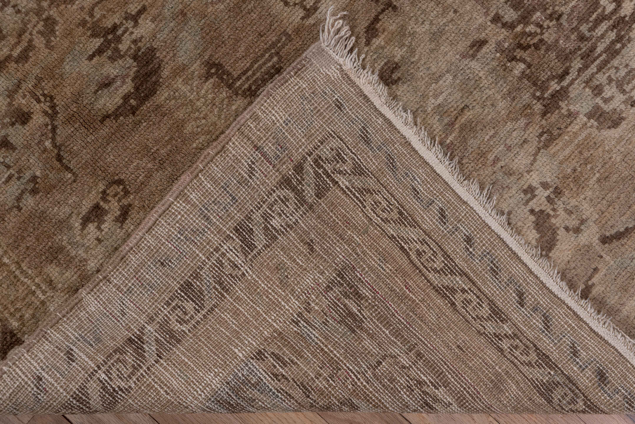 9' x 12' one-of-a-kind handmade vintage Agra large size rug. Color palette: taupe, brown, rose, dusty pink, beige, sage