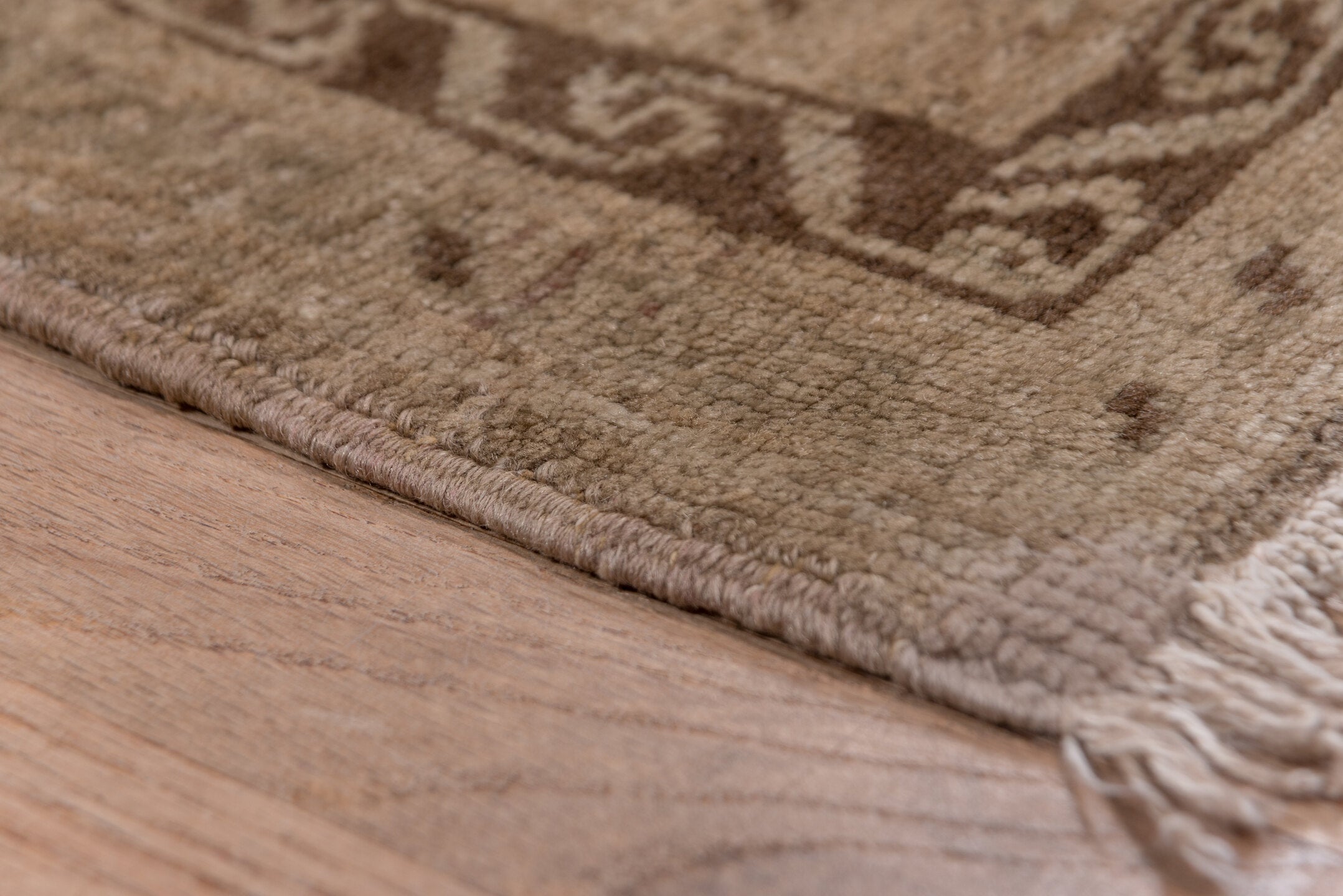9' x 12' one-of-a-kind handmade vintage Agra large size rug. Color palette: taupe, brown, rose, dusty pink, beige, sage