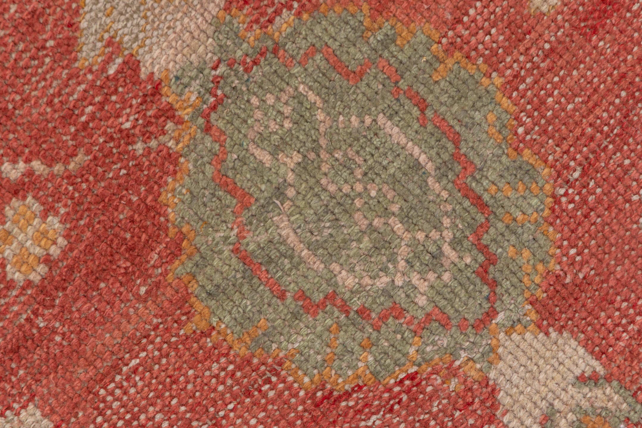 16' x 17' one-of-a-kind handmade vintage Oushak oversize rug. Color palette: coral, ivory, sage, gold, terra cotta, beige