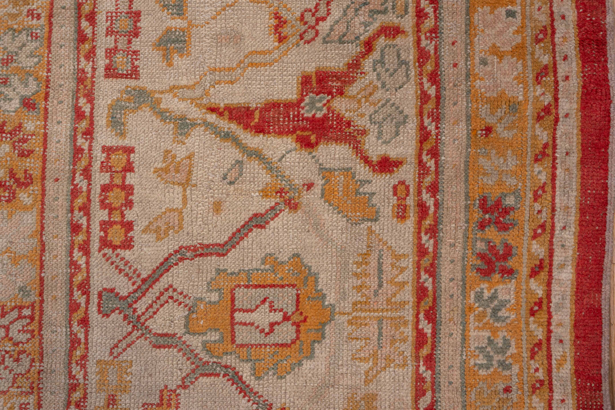 16' x 17' one-of-a-kind handmade vintage Oushak oversize rug. Color palette: coral, ivory, sage, gold, terra cotta, beige