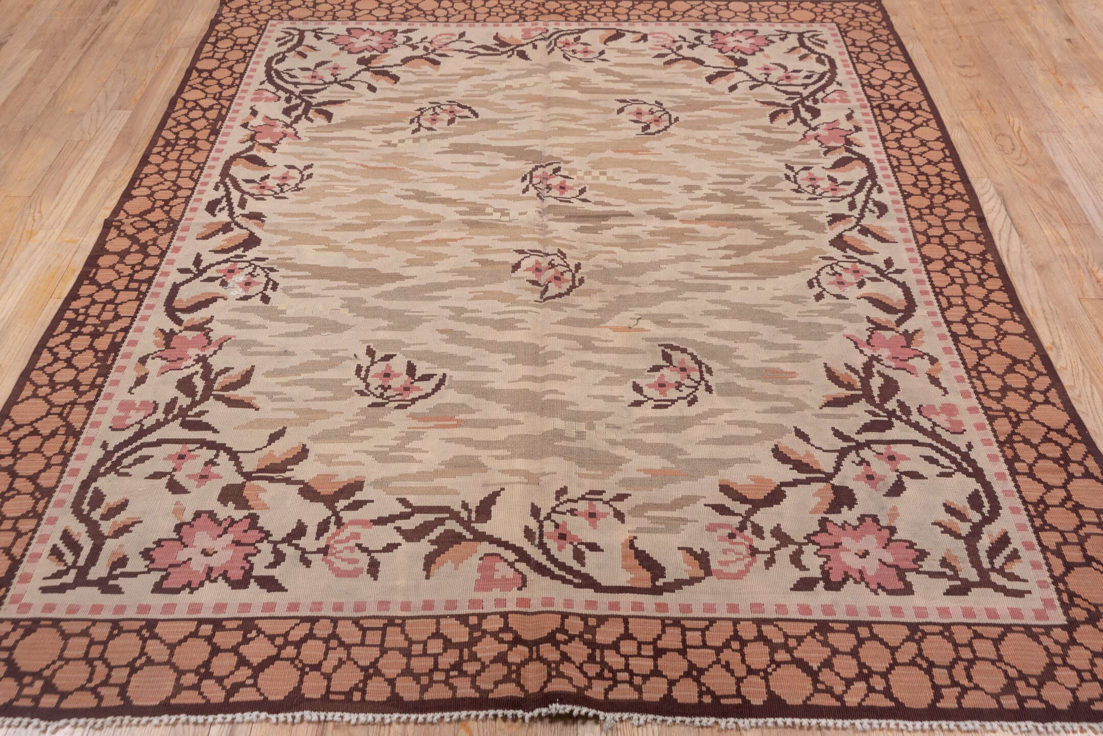 6' x 7' one-of-a-kind handmade antique Kilim rug. Color palette: ivory, taupe, rose, brown, blush, camel, beige, gray, pink