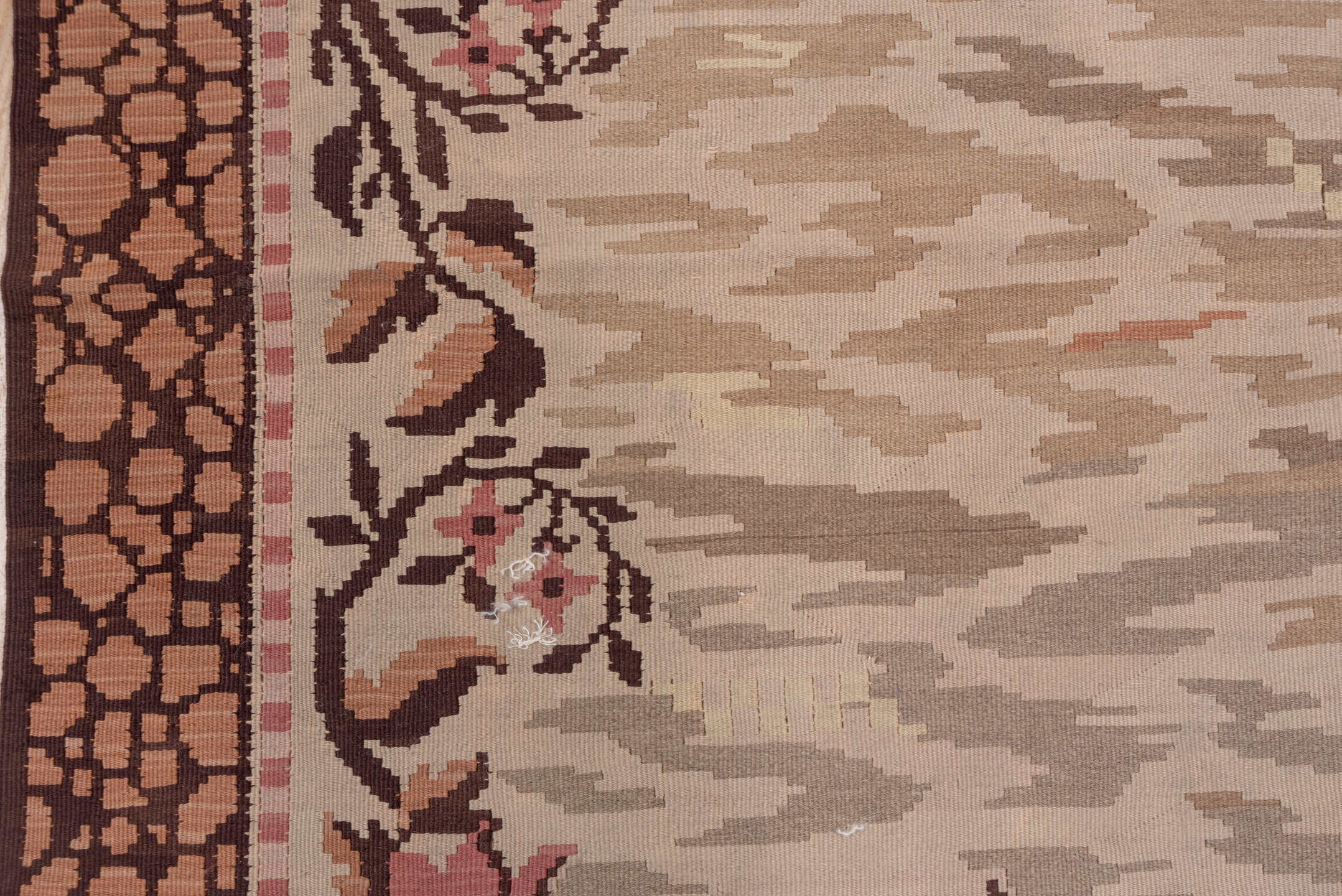 6' x 7' one-of-a-kind handmade antique Kilim rug. Color palette: ivory, taupe, rose, brown, blush, camel, beige, gray, pink