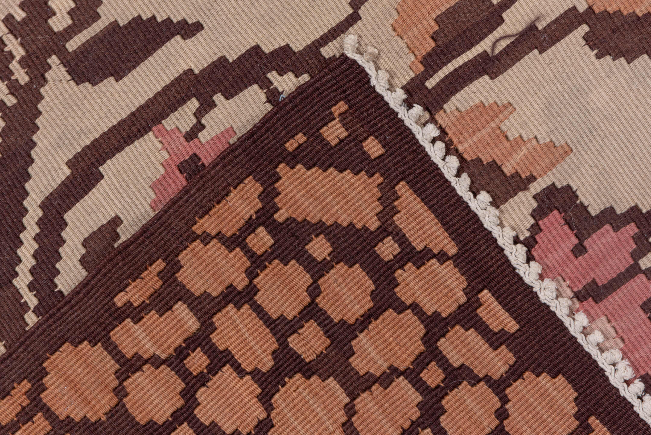 6' x 7' one-of-a-kind handmade antique Kilim rug. Color palette: ivory, taupe, rose, brown, blush, camel, beige, gray, pink