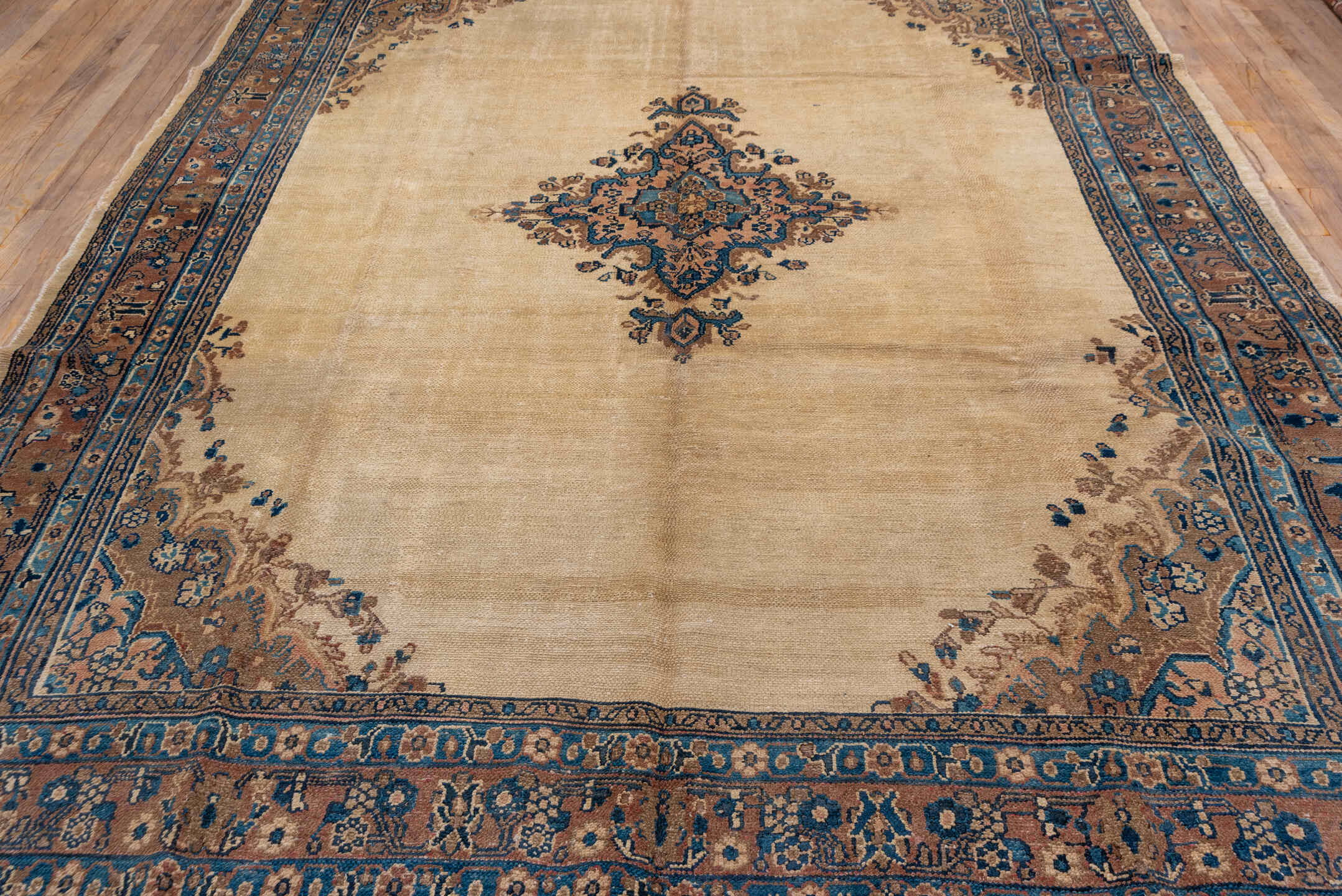 8' x 11' one-of-a-kind handmade vintage Hamadan large size rug. Color palette: ivory, taupe, blue, rust, camel, slate, beige