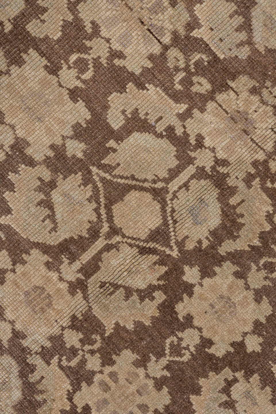 4' x 10' one-of-a-kind handmade vintage Oushak runner rug. Color palette: taupe, brown, beige, camel, ivory, gray