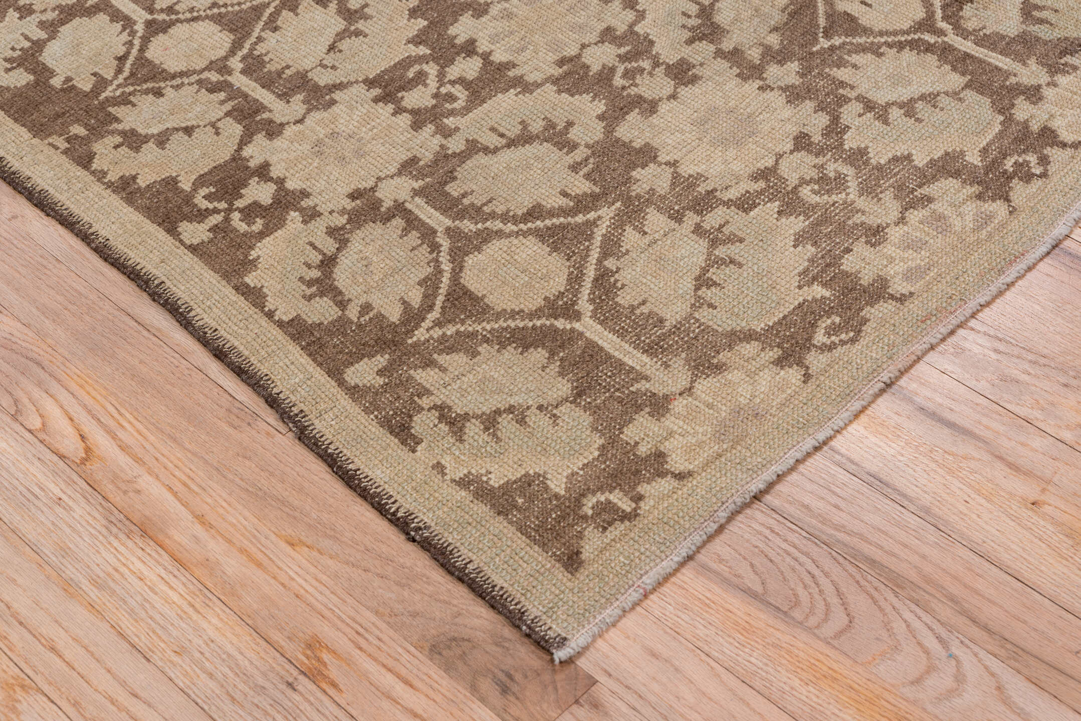 4' x 10' one-of-a-kind handmade vintage Oushak runner rug. Color palette: taupe, brown, beige, camel, ivory, gray