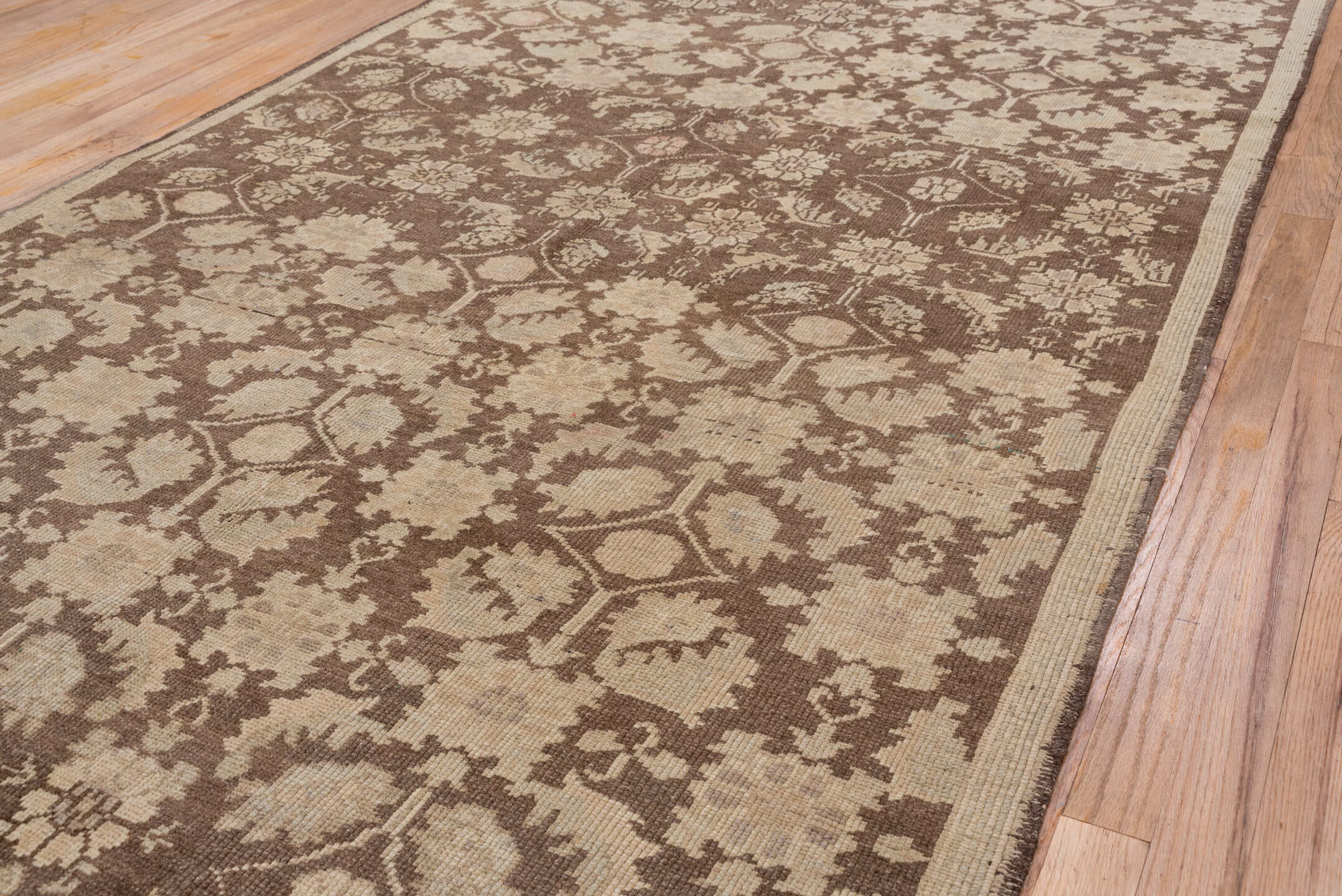 4' x 10' one-of-a-kind handmade vintage Oushak runner rug. Color palette: taupe, brown, beige, camel, ivory, gray
