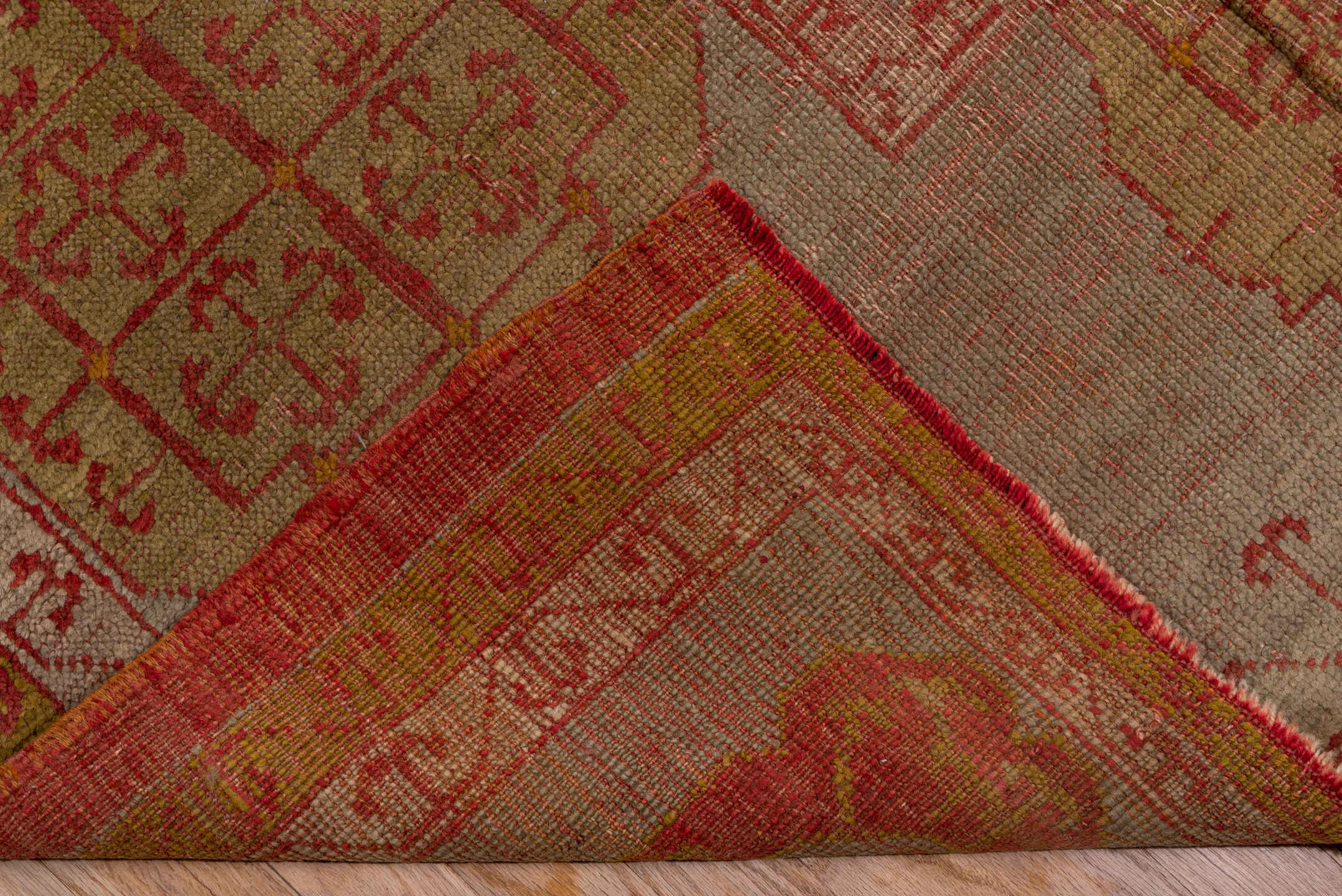 10' x 15' one-of-a-kind handmade vintage Oushak rug. Color palette: brown, pink, red