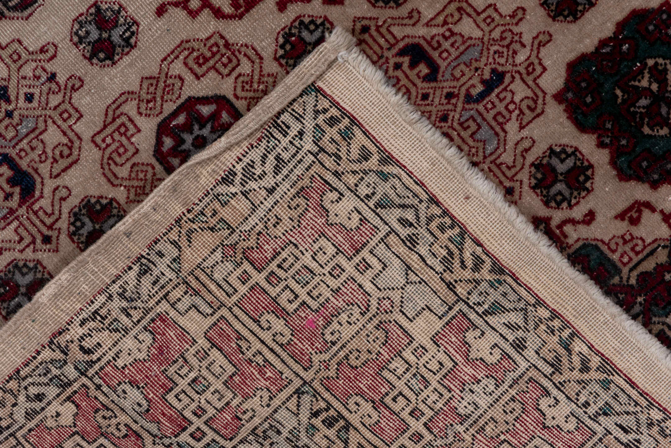 6' x 10' one-of-a-kind handmade vintage Hereke large size rug. Color palette: ivory, burgundy, navy, rose, taupe, slate