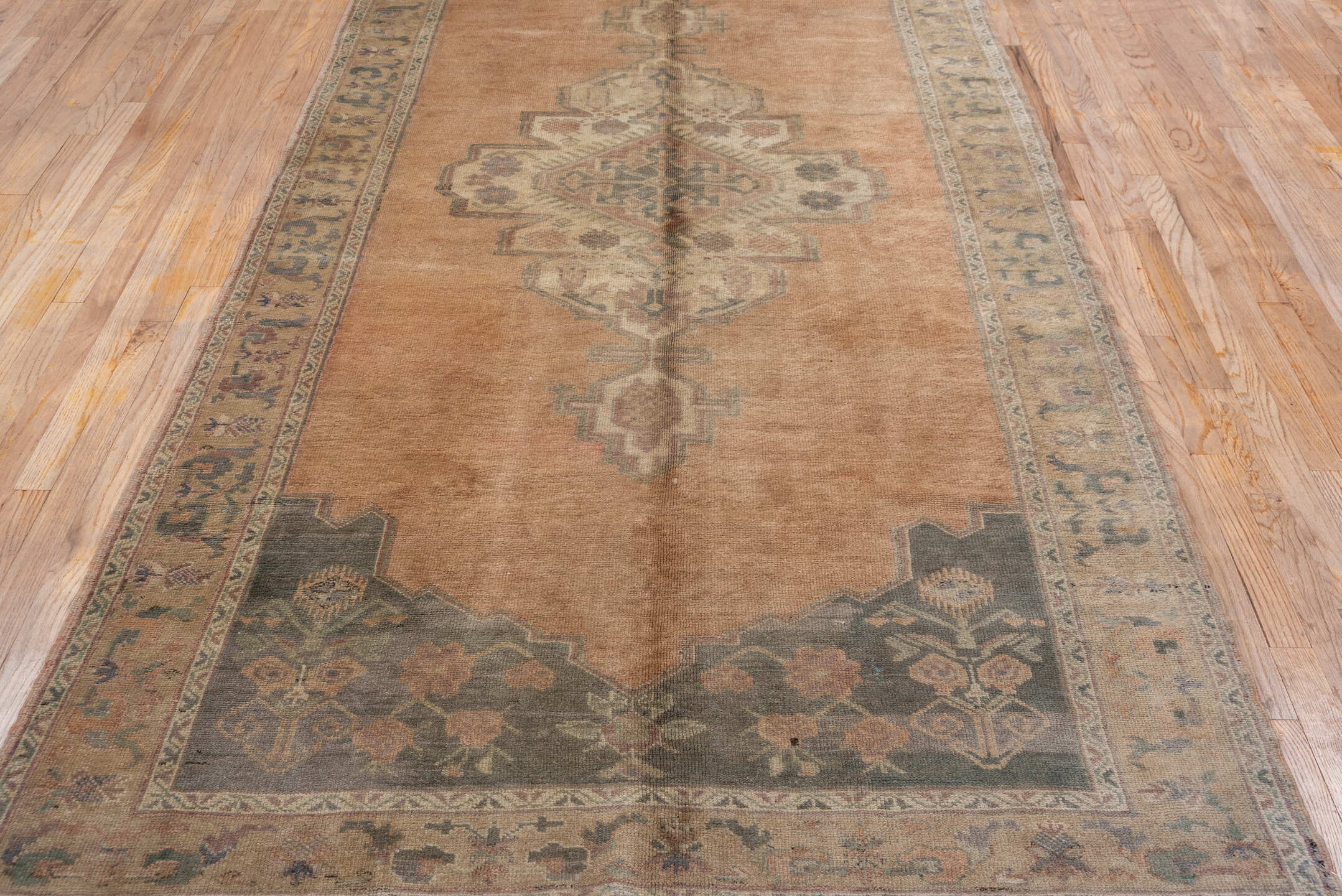5' x 11' one-of-a-kind handmade vintage Oushak rug. Color palette: blush, taupe, sage, ivory, beige, slate, camel, pink