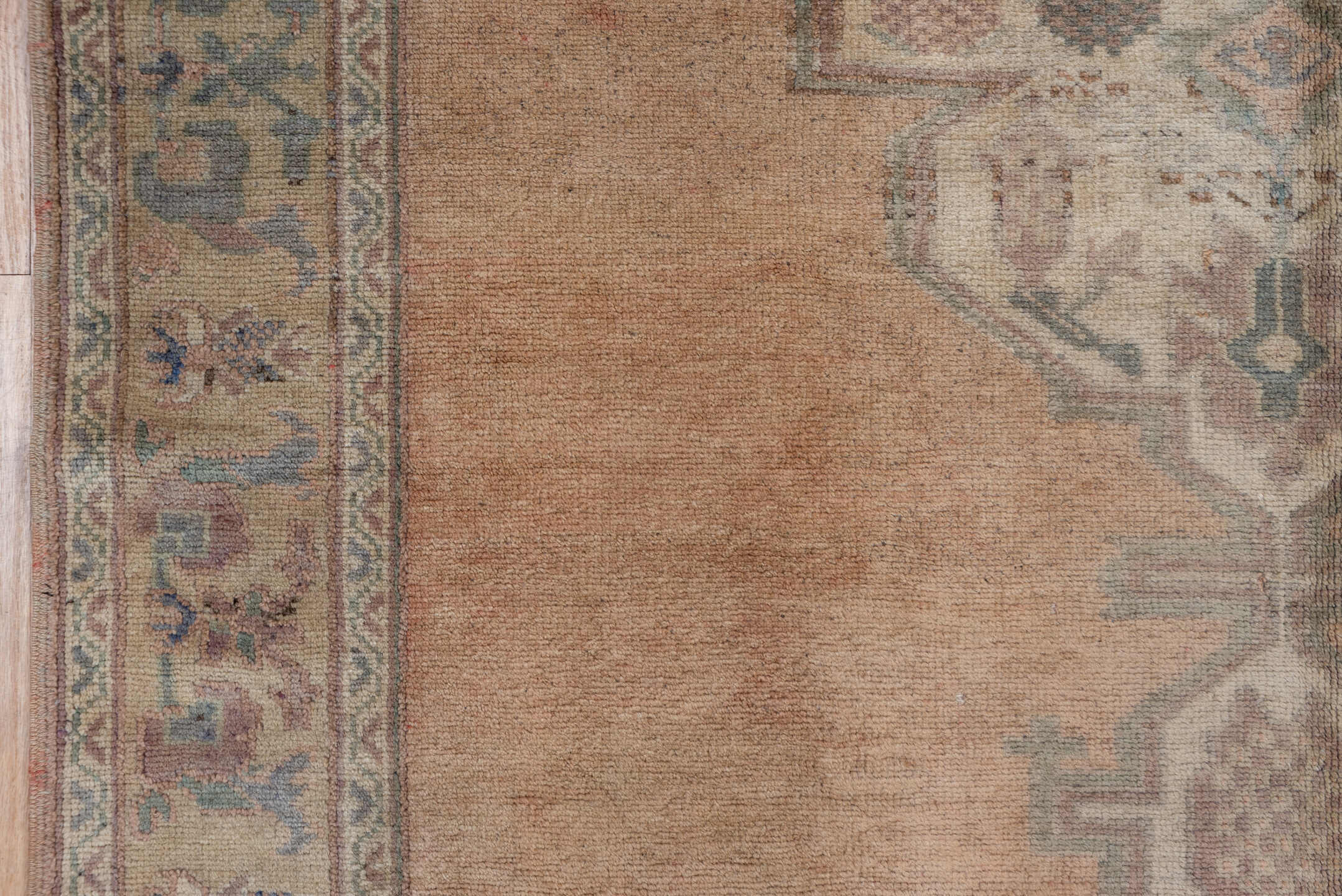 5' x 11' one-of-a-kind handmade vintage Oushak rug. Color palette: blush, taupe, sage, ivory, beige, slate, camel, pink