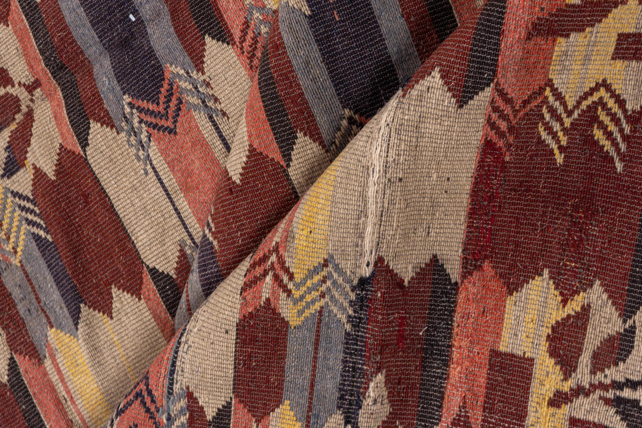 7' x 8' one-of-a-kind handmade vintage Kilim rug. Color palette: rust, ivory, charcoal, slate, rose, gold, taupe, terracotta