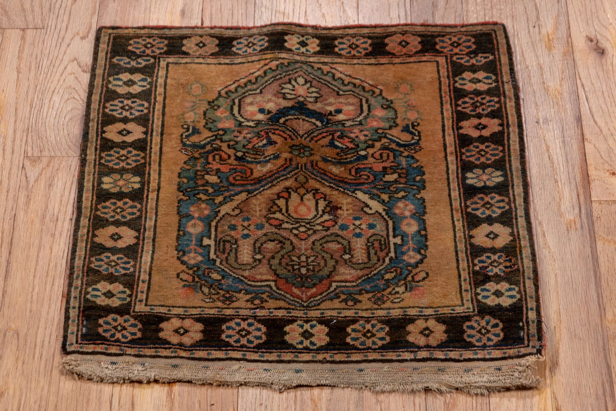 1' x 1' one-of-a-kind handmade antique Sarouk small size rug. Color palette: camel, brown, navy, rose, ivory, rust, slate