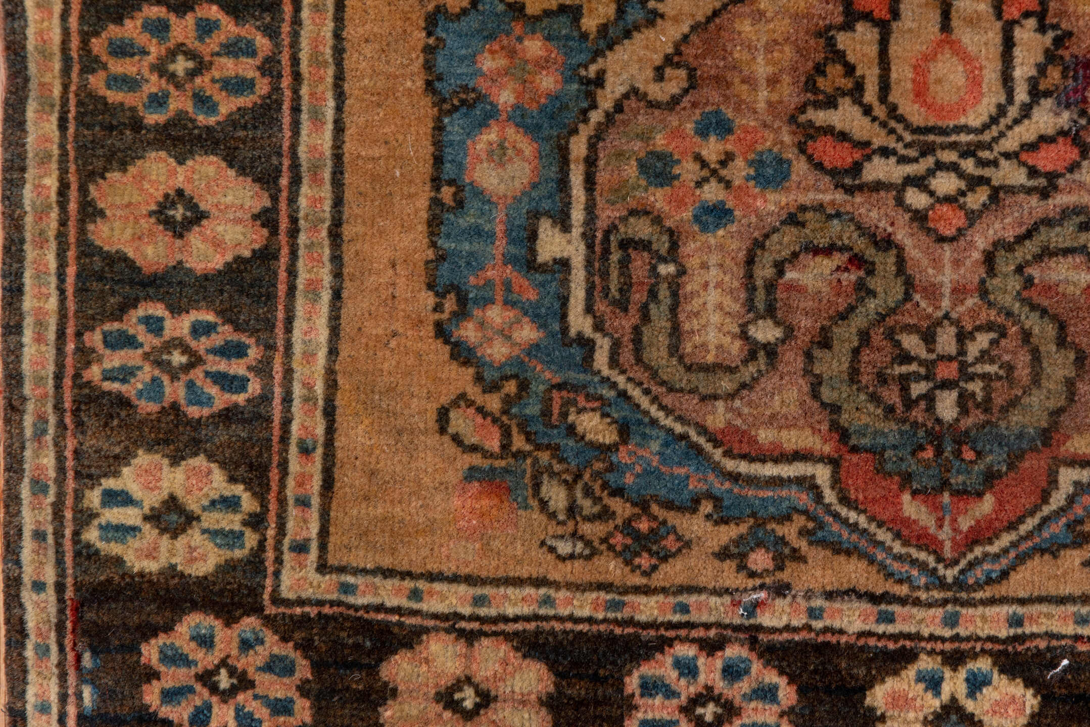 1' x 1' one-of-a-kind handmade antique Sarouk small size rug. Color palette: camel, brown, navy, rose, ivory, rust, slate
