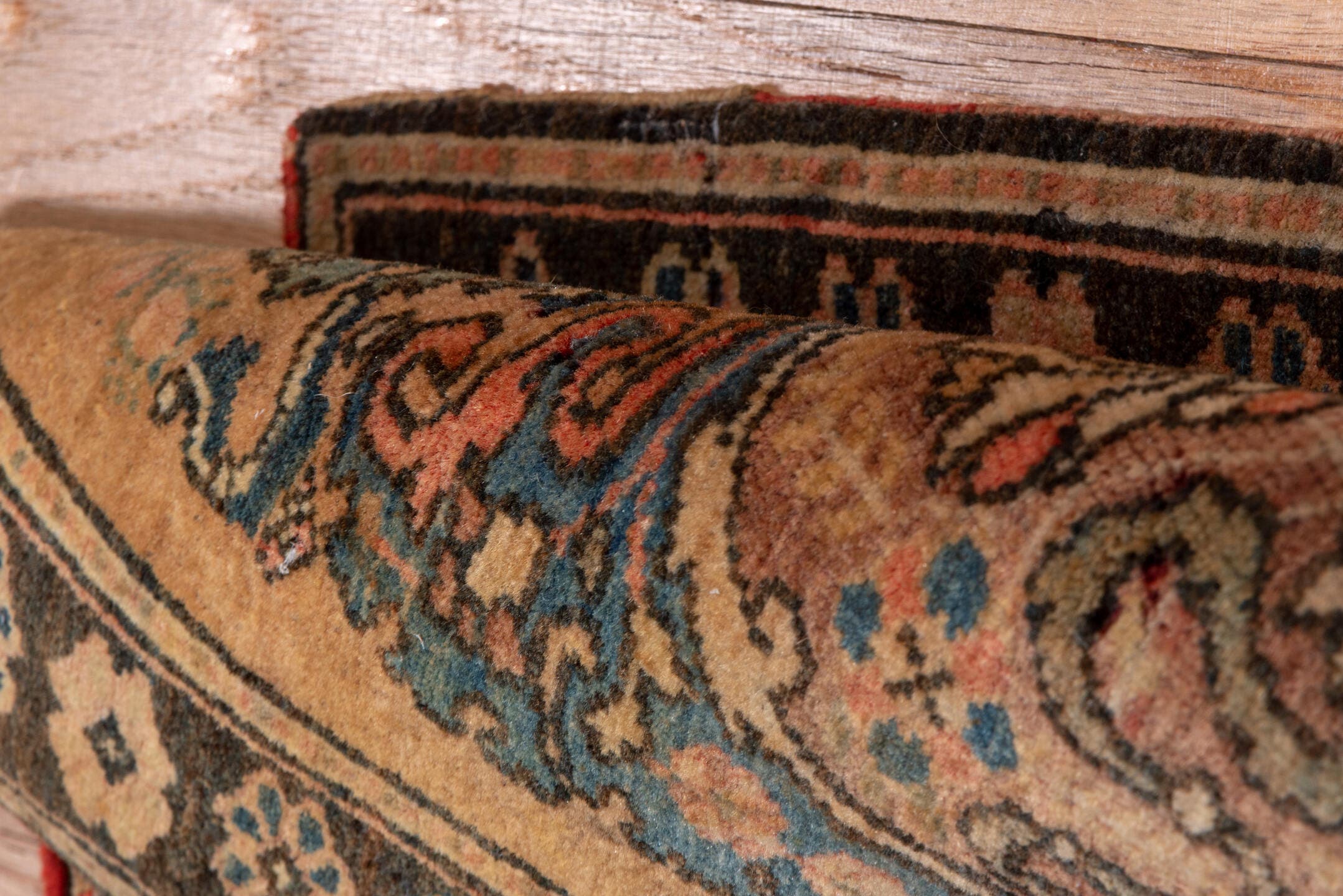 1' x 1' one-of-a-kind handmade antique Sarouk small size rug. Color palette: camel, brown, navy, rose, ivory, rust, slate
