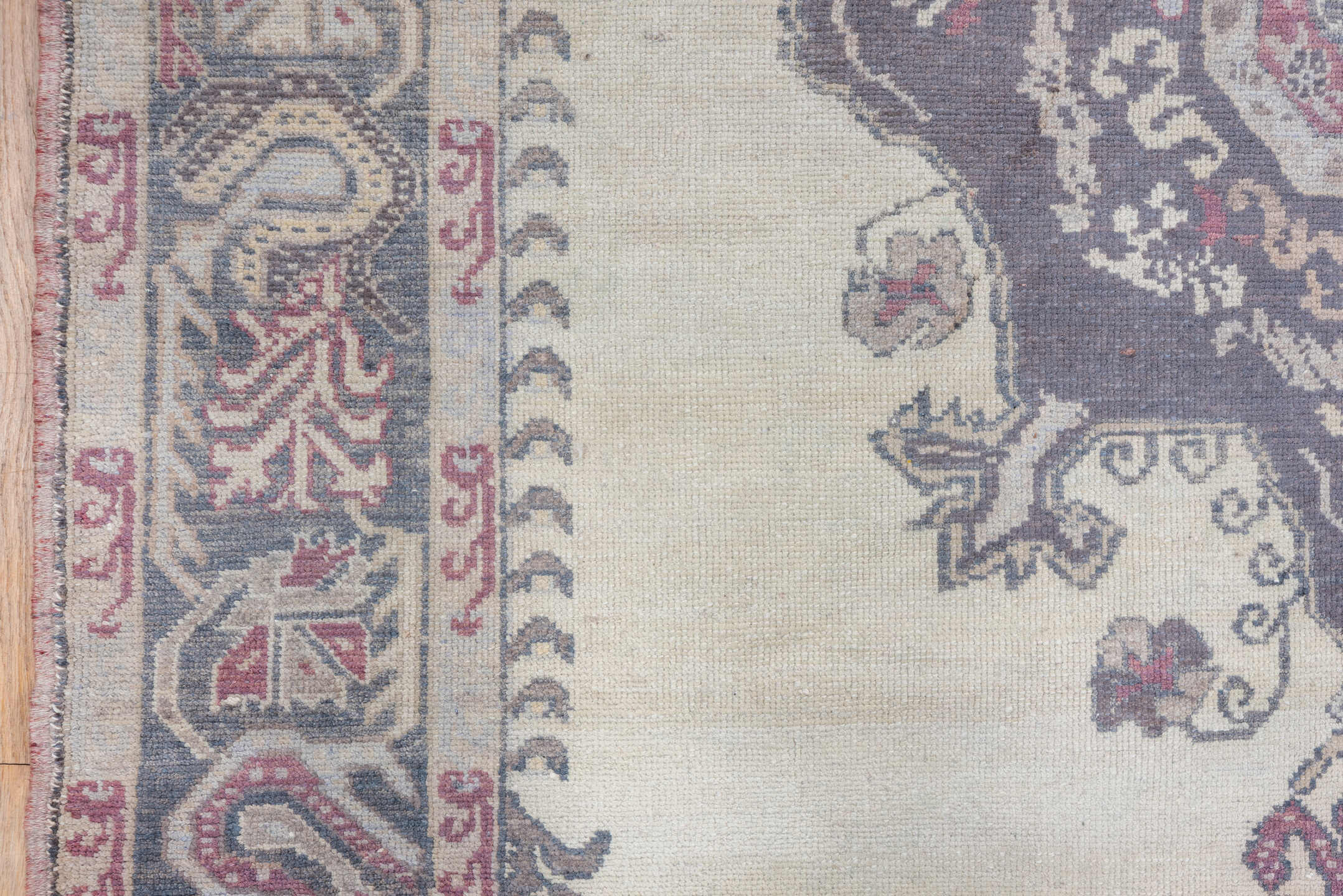 5' x 7' one-of-a-kind handmade vintage Oushak rug. Color palette: ivory, plum, slate, rose, taupe, burgundy, pink, purple