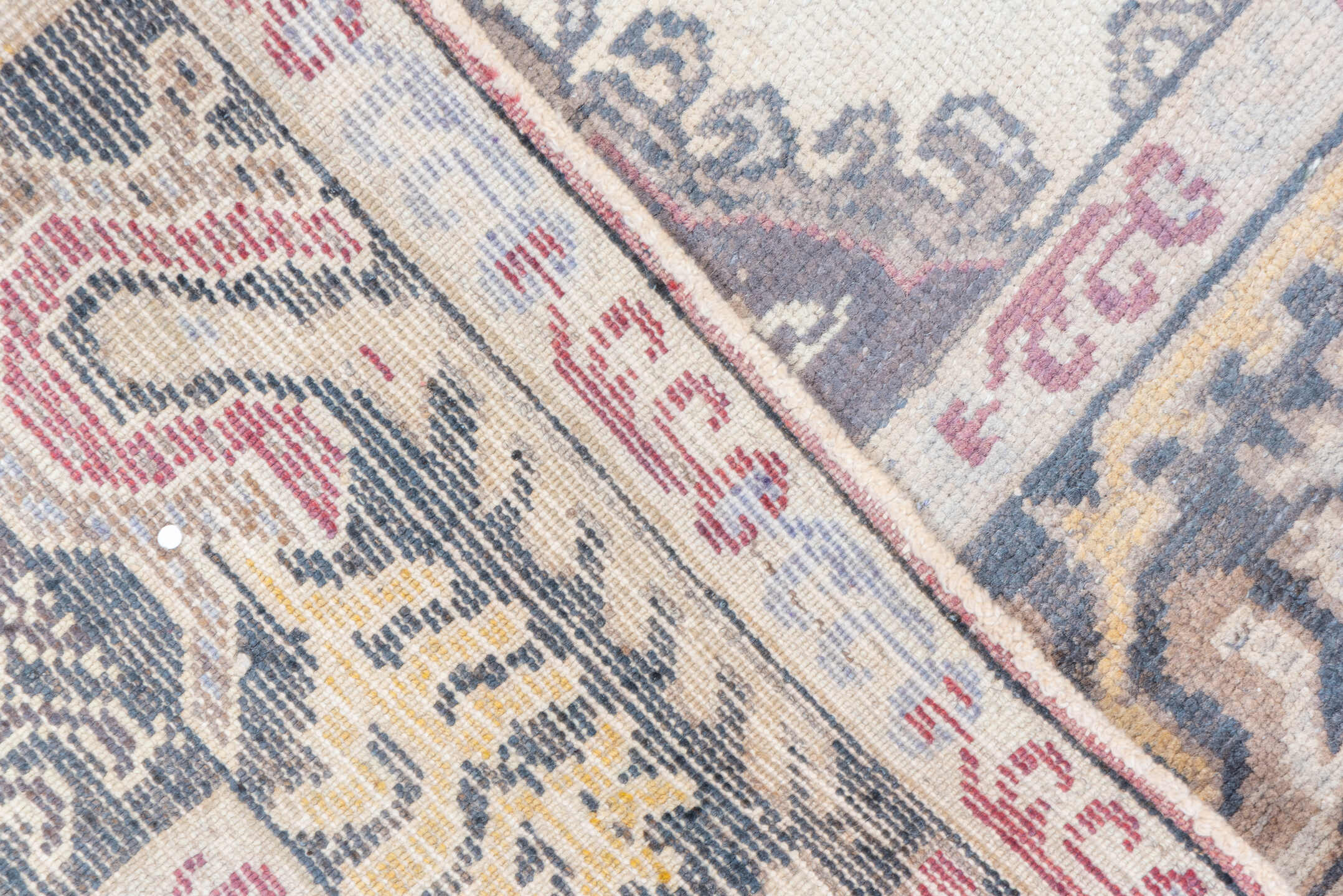 5' x 7' one-of-a-kind handmade vintage Oushak rug. Color palette: ivory, plum, slate, rose, taupe, burgundy, pink, purple