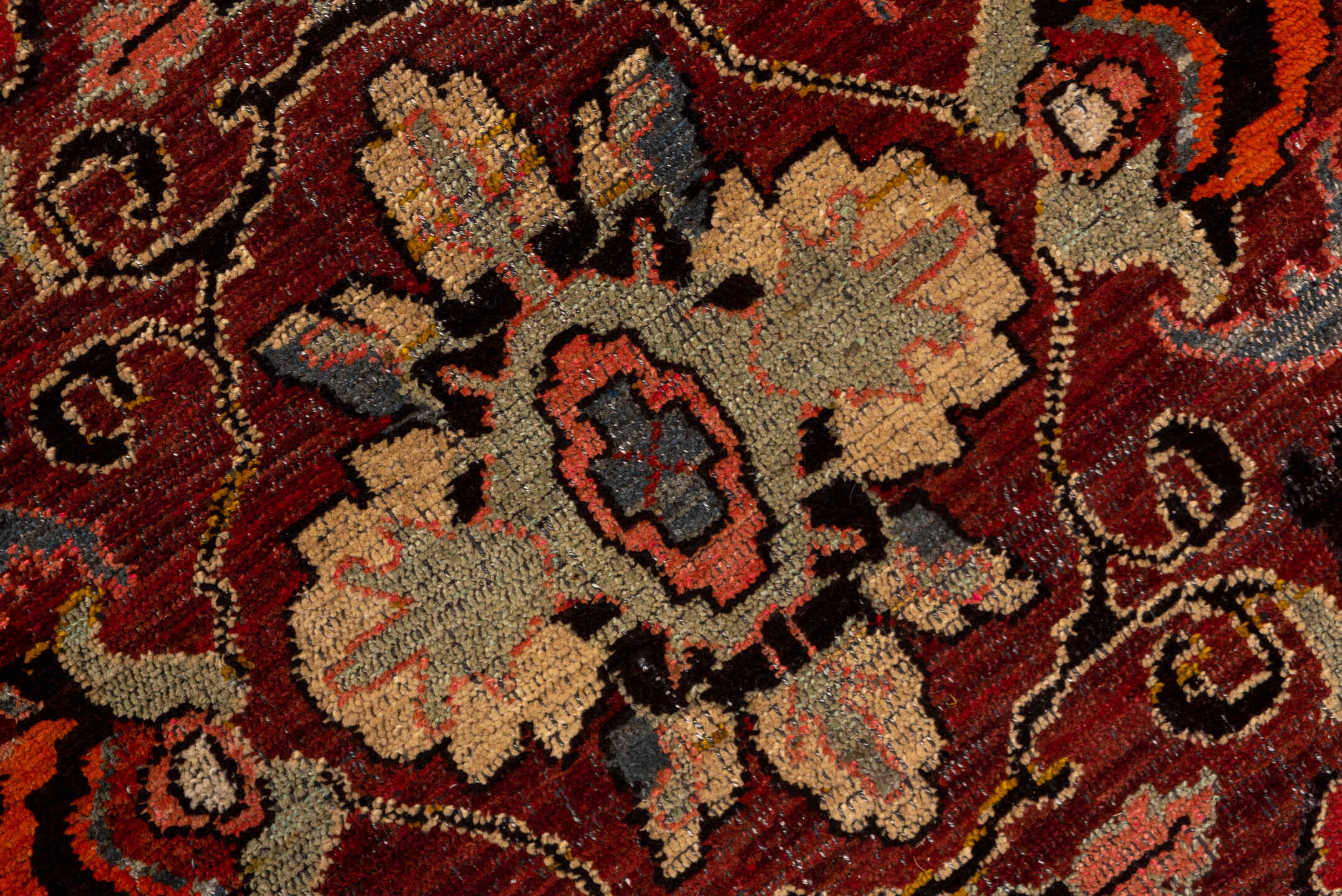 7' x 12' one-of-a-kind handmade antique Kars large size rug. Color palette: rust, charcoal, coral, ivory, rose, slate
