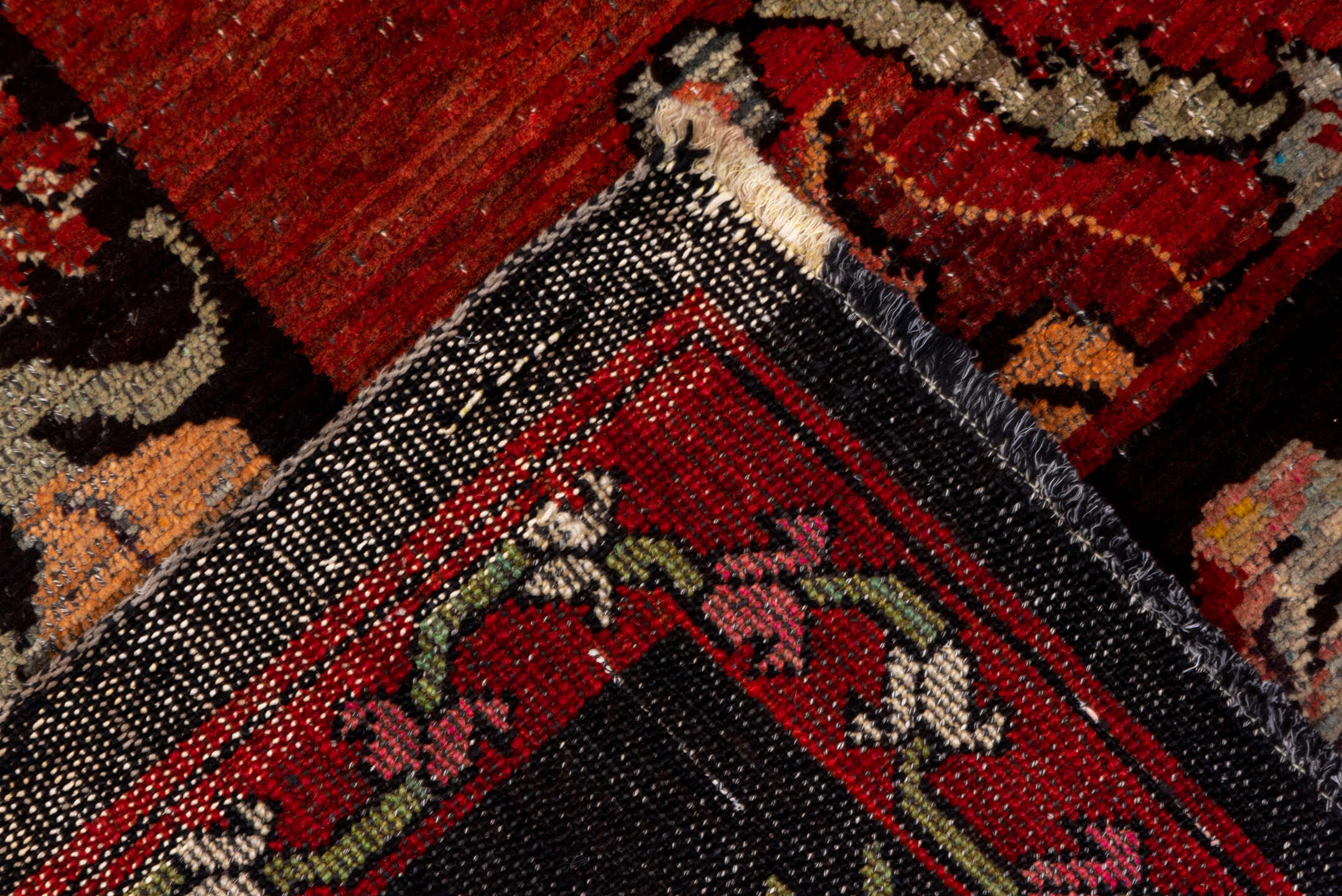 7' x 12' one-of-a-kind handmade antique Kars large size rug. Color palette: rust, charcoal, coral, ivory, rose, slate