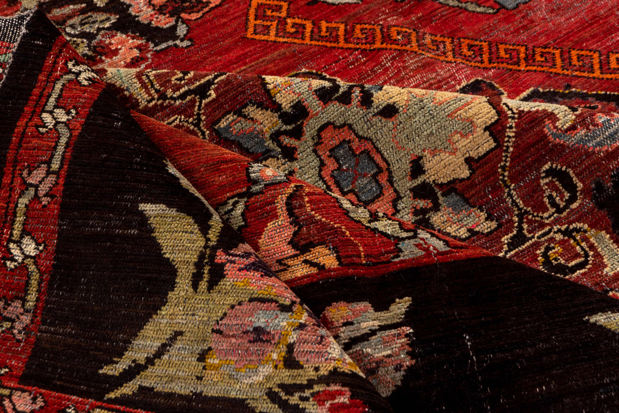 7' x 12' one-of-a-kind handmade antique Kars large size rug. Color palette: rust, charcoal, coral, ivory, rose, slate