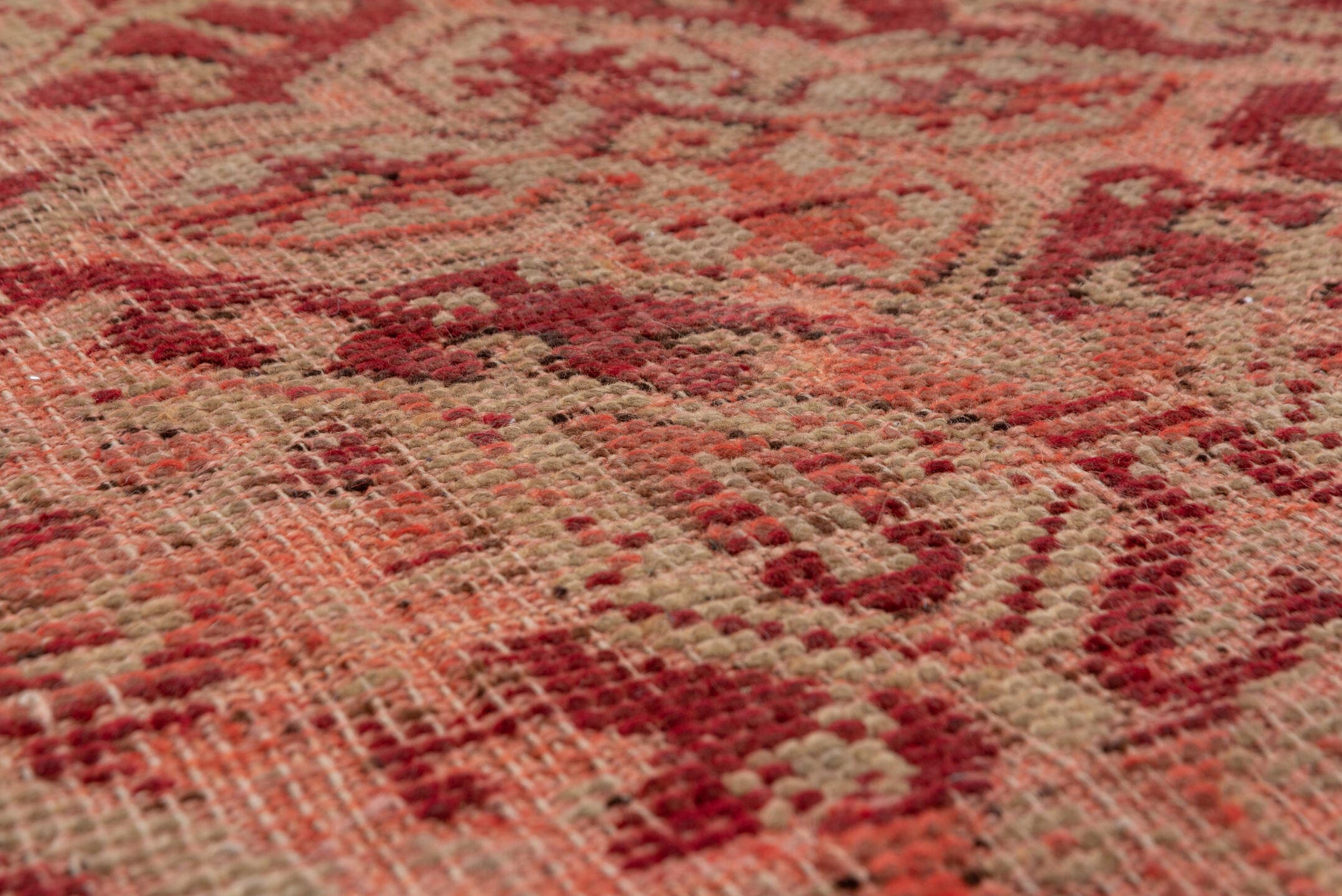 12' x 17' one-of-a-kind handmade antique Oushak oversize rug. Color palette: coral, rose, terra cotta, burgundy, dusty pink
