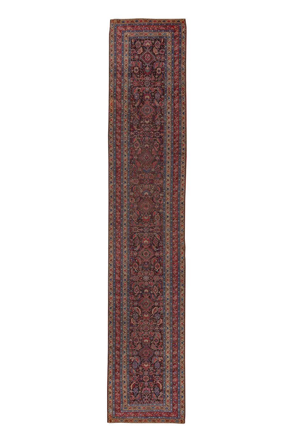 3' x 17' one-of-a-kind handmade vintage Karabagh runner rug. Color palette: navy, rust, ivory, crimson, slate, rose, camel