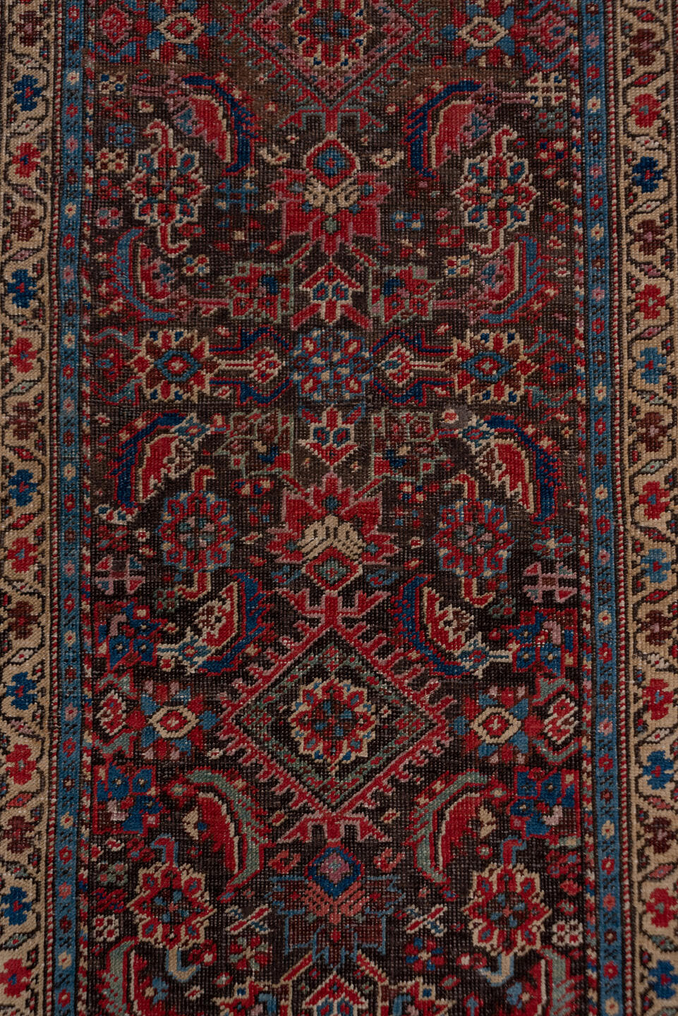 3' x 17' one-of-a-kind handmade vintage Karabagh runner rug. Color palette: navy, rust, ivory, crimson, slate, rose, camel
