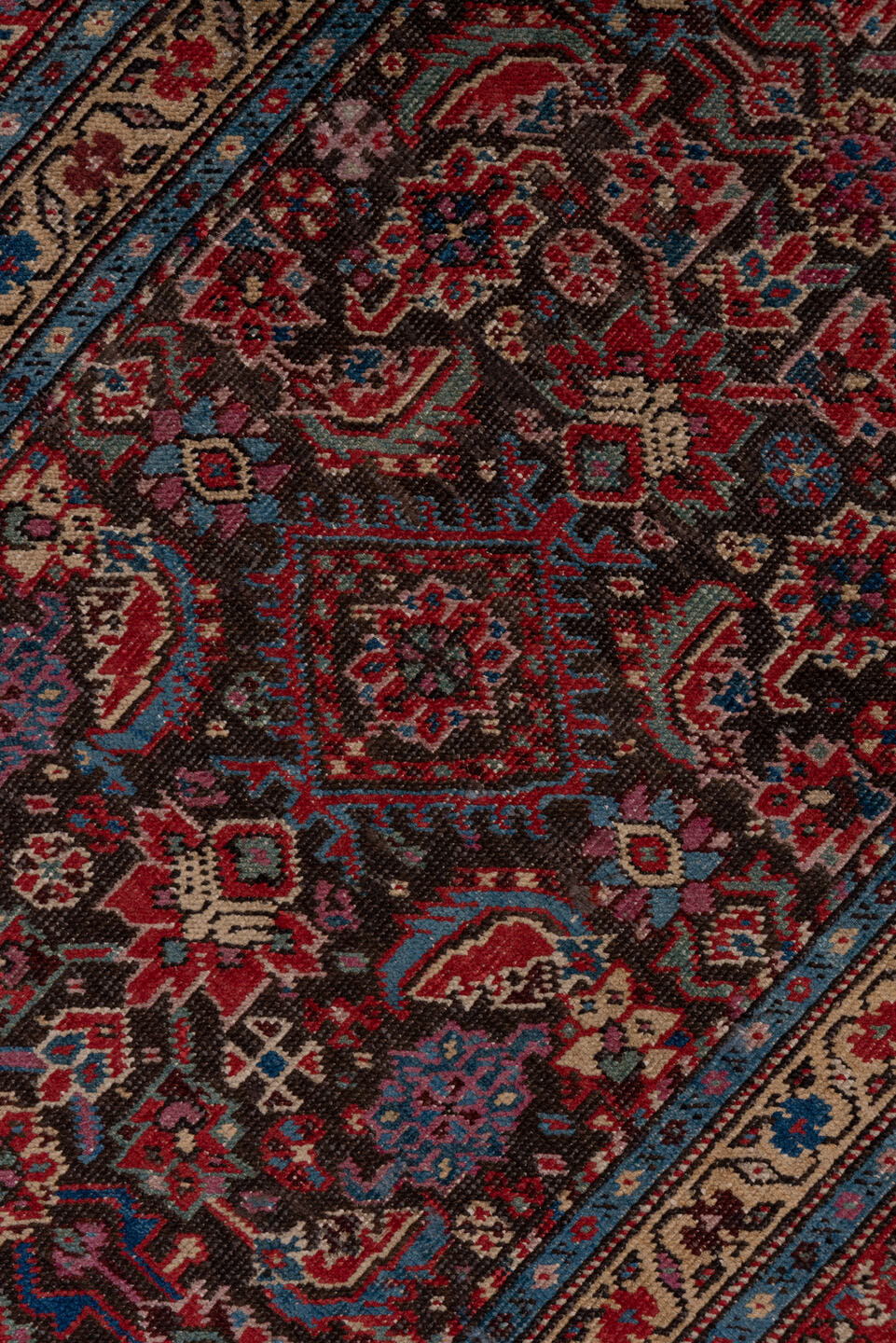 3' x 17' one-of-a-kind handmade vintage Karabagh runner rug. Color palette: navy, rust, ivory, crimson, slate, rose, camel