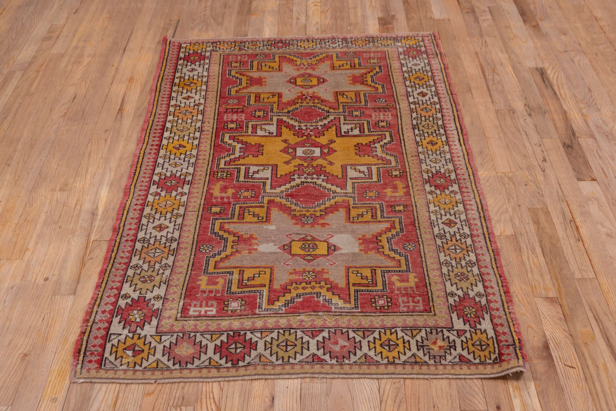 3' x 5' one-of-a-kind handmade antique Oushak small size rug. Color palette: terra cotta, ivory, gold, rust, camel, saffron