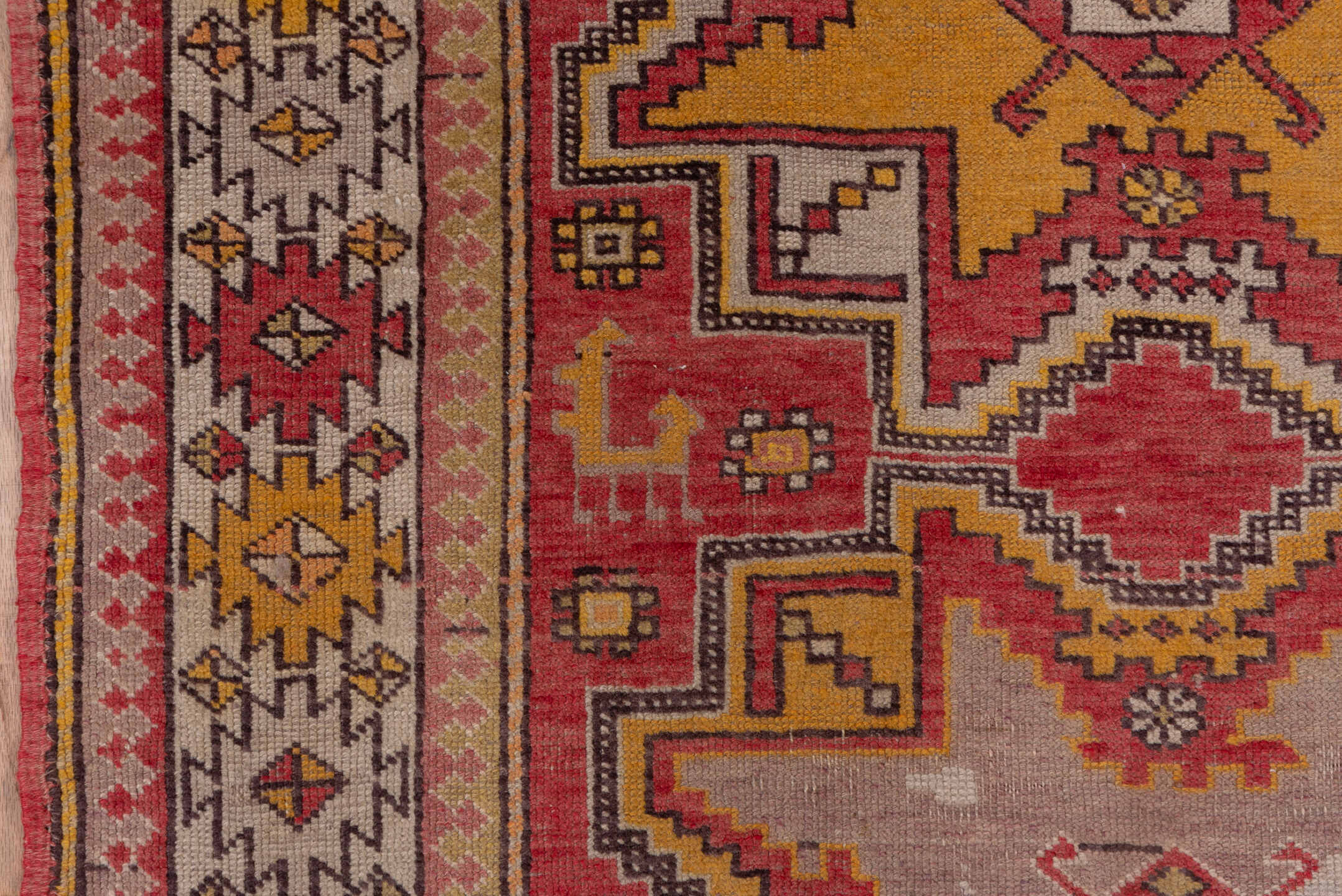3' x 5' one-of-a-kind handmade antique Oushak small size rug. Color palette: terra cotta, ivory, gold, rust, camel, saffron
