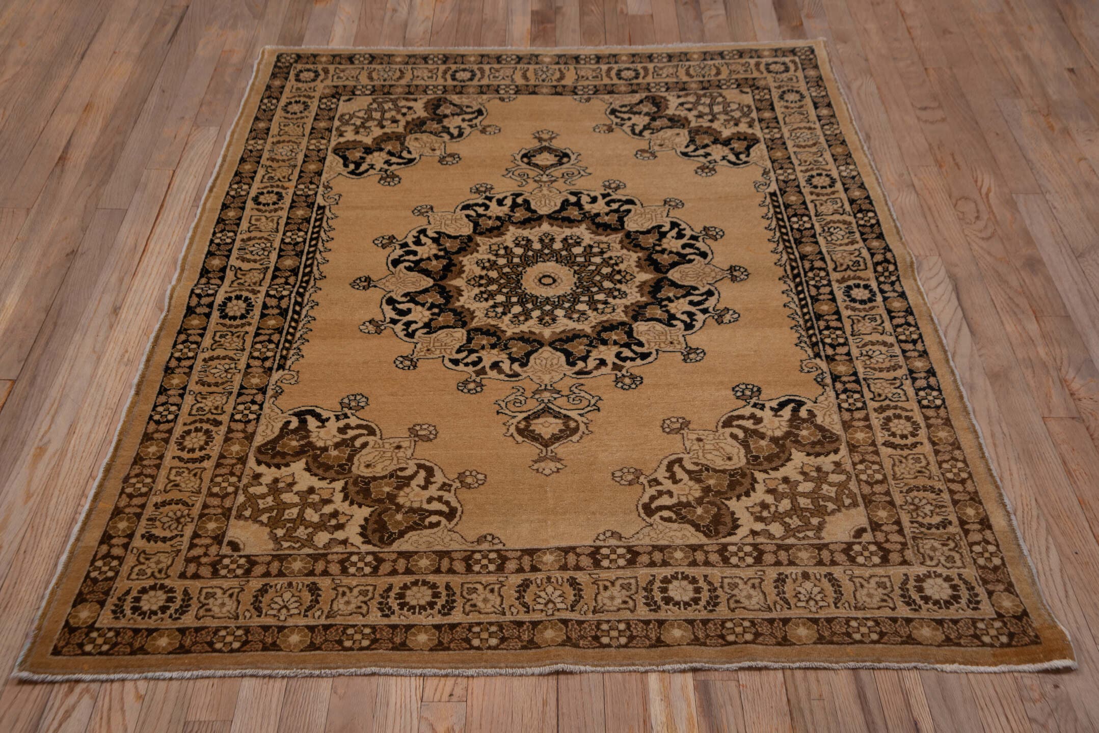 4' x 6' one-of-a-kind handmade antique Tabriz small size rug. Color palette: camel, brown, ivory, walnut, taupe, charcoal
