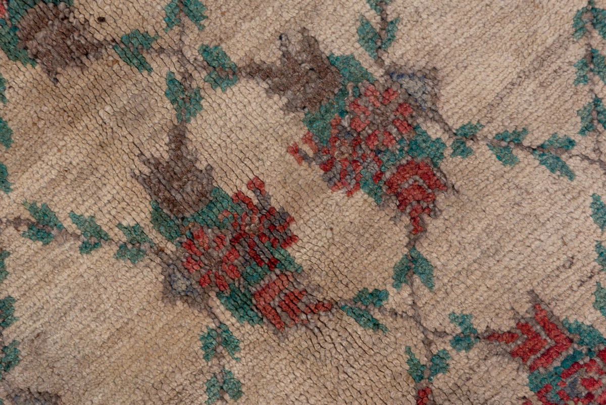 5' x 10' one-of-a-kind handmade vintage Konya rug. Color palette: ivory, charcoal, rust, teal, taupe, gold, crimson, gray