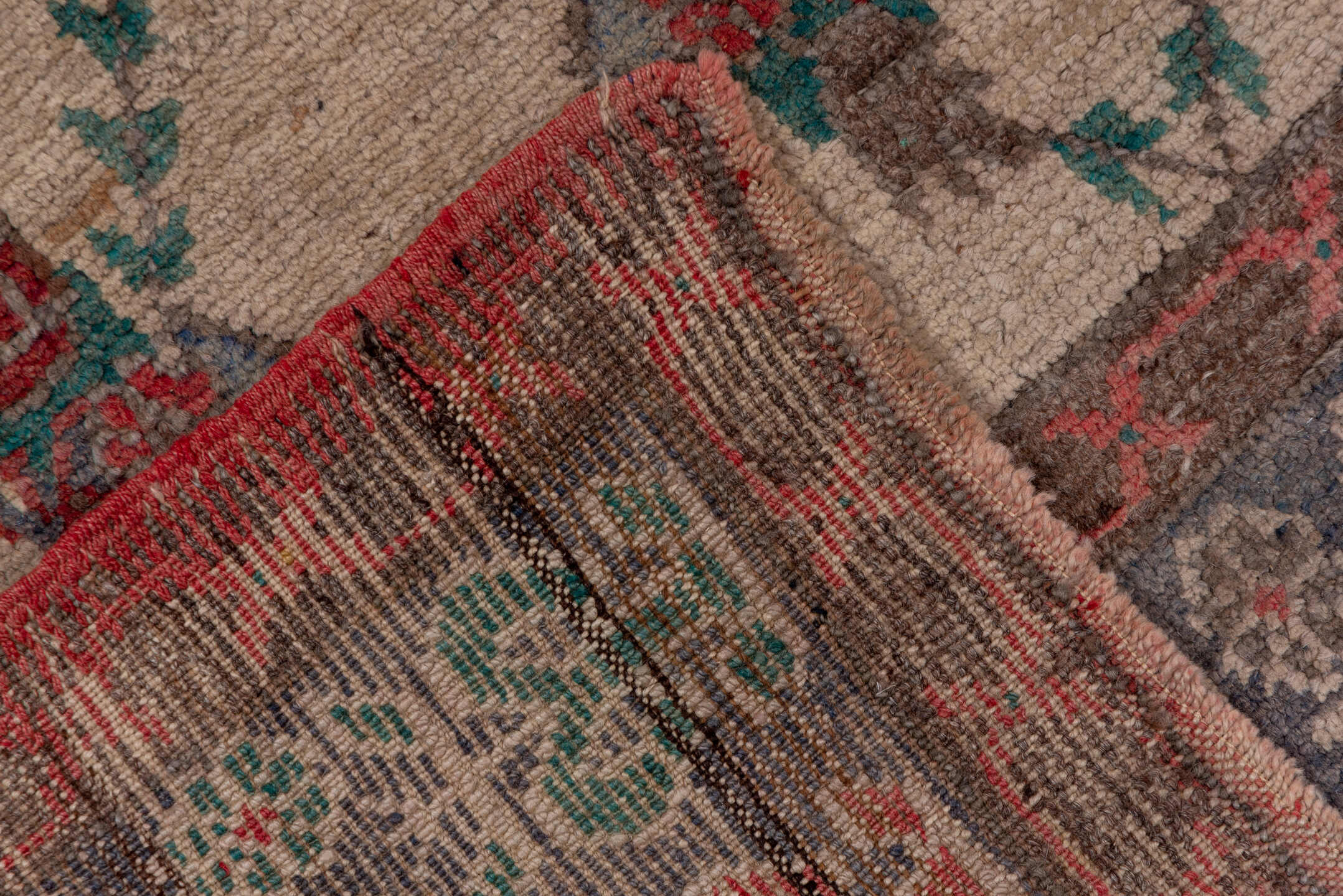 5' x 10' one-of-a-kind handmade vintage Konya rug. Color palette: ivory, charcoal, rust, teal, taupe, gold, crimson, gray