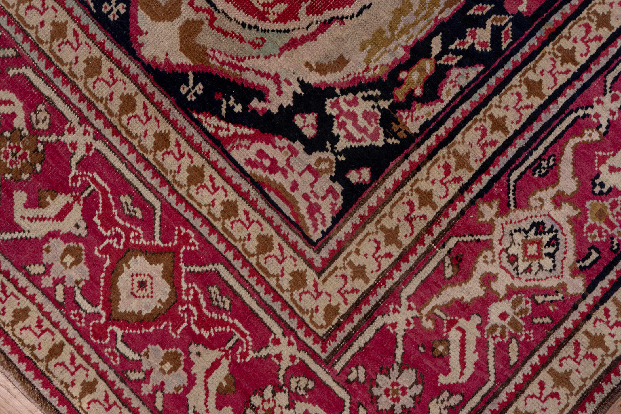 7' x 19' one-of-a-kind handmade vintage Karabagh rug. Color palette: navy, rose, ivory, burgundy, blush, taupe, olive, camel