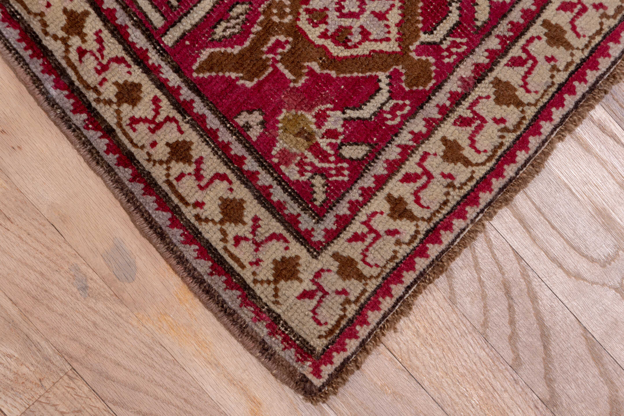 7' x 19' one-of-a-kind handmade vintage Karabagh rug. Color palette: brown, gray, pink, red
