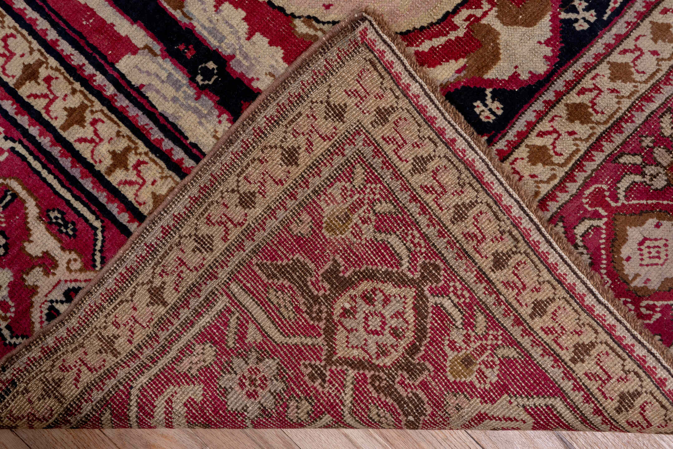 7' x 19' one-of-a-kind handmade vintage Karabagh rug. Color palette: navy, rose, ivory, burgundy, blush, taupe, olive, camel