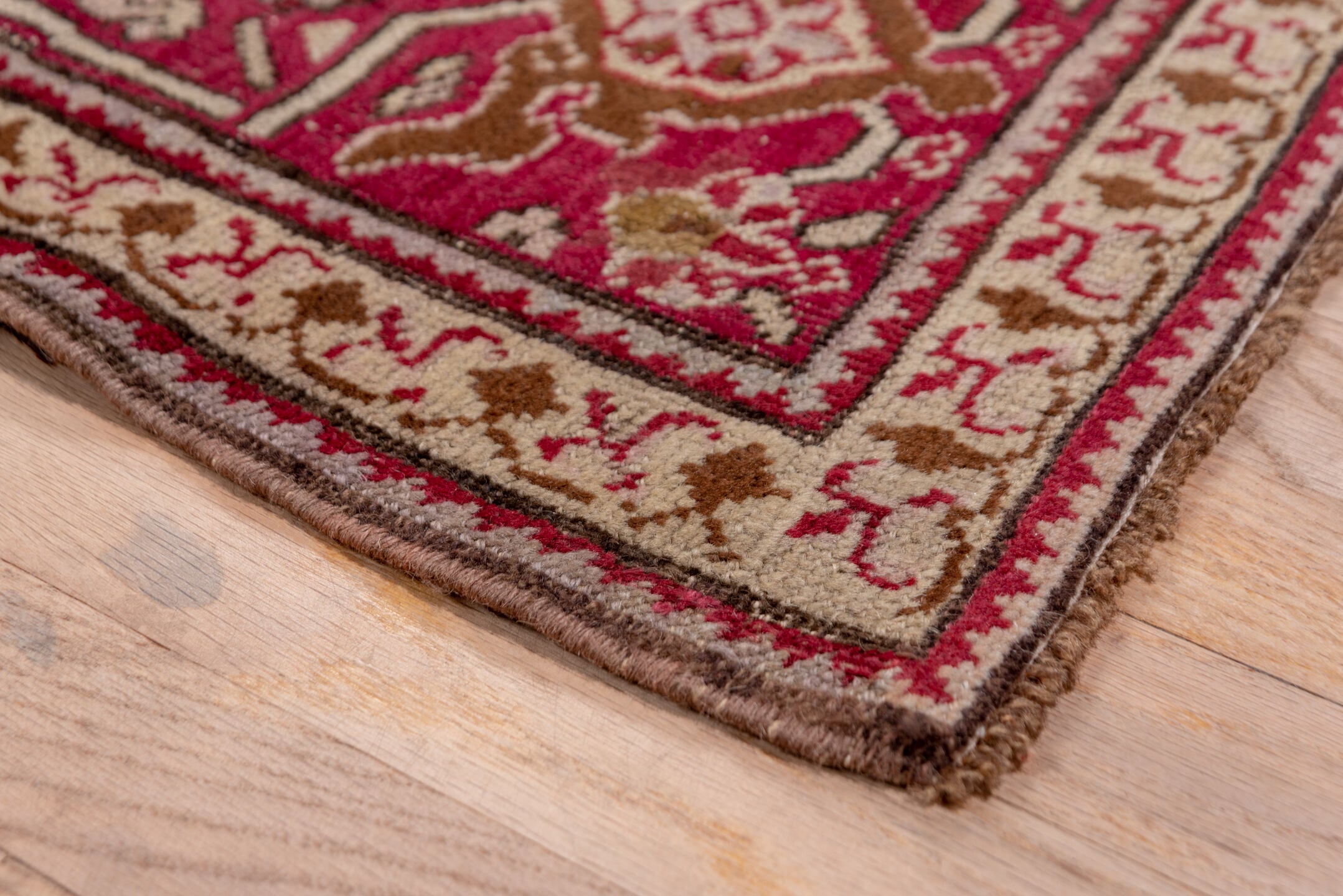 7' x 19' one-of-a-kind handmade vintage Karabagh rug. Color palette: brown, gray, pink, red