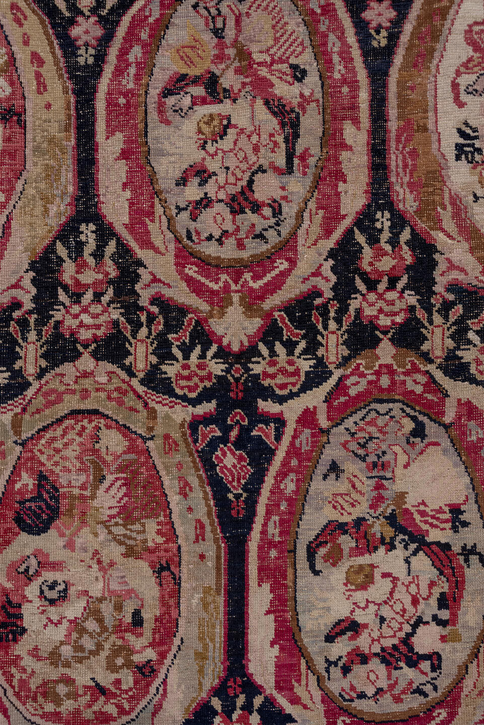 7' x 19' one-of-a-kind handmade vintage Karabagh rug. Color palette: navy, rose, ivory, burgundy, blush, taupe, olive, camel