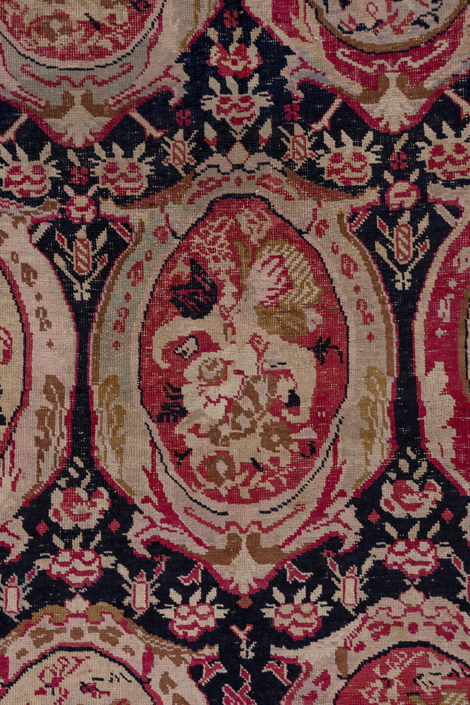 7' x 19' one-of-a-kind handmade vintage Karabagh rug. Color palette: navy, rose, ivory, burgundy, blush, taupe, olive, camel