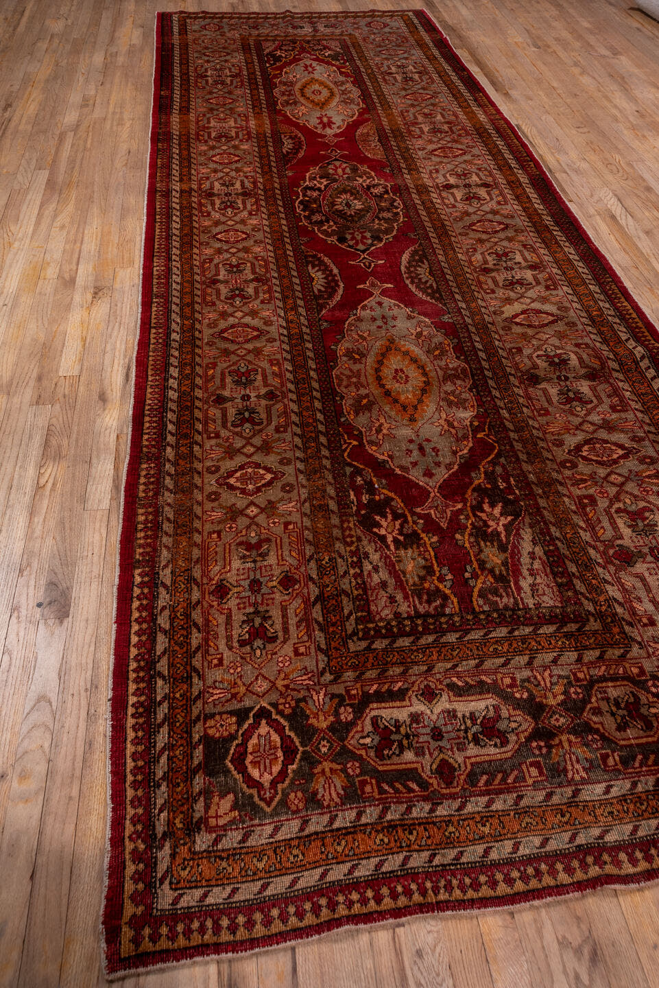 5' x 15' one-of-a-kind handmade vintage Sivas rug. Color palette: burgundy, taupe, rust, ivory, brown, rose, gold, charcoal