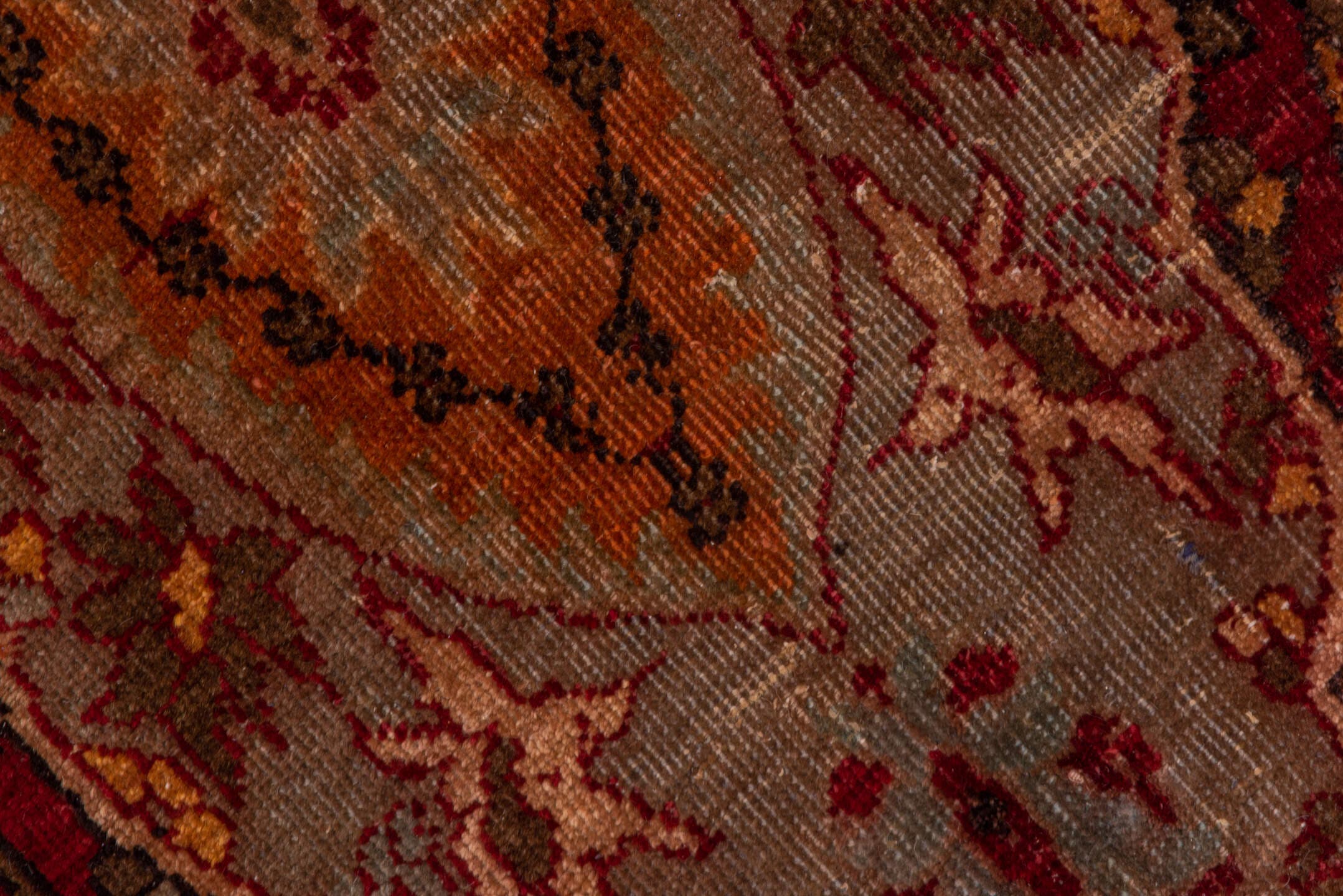 5' x 15' one-of-a-kind handmade vintage Sivas rug. Color palette: burgundy, taupe, rust, ivory, brown, rose, gold, charcoal